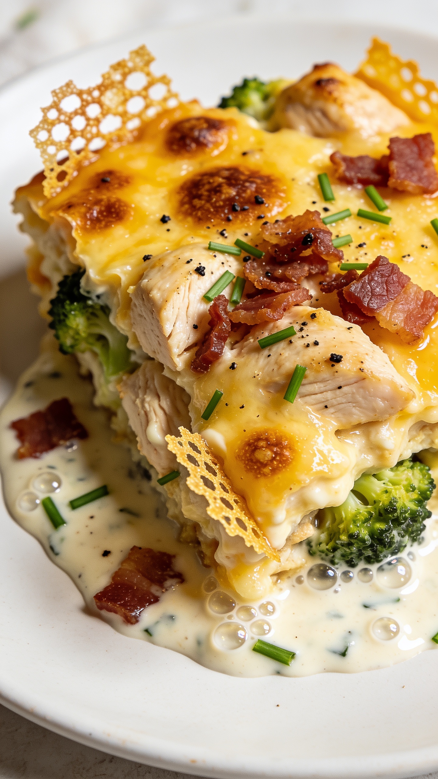 Close-up texture focus: tight overhead three-quarter angle of a single plated serving scooped from the same casserole, keeping visual consistencyâgolden, bubbly cheese top with browned blisters, visible chicken pieces, bacon crumbles, broccoli, and creamy ranch sauce pooling slightly at the edges. Micro-beads of gloss on the sauce, scattered fresh chives and cracked black pepper, a few crunchy cheese frico-like edges. Bright natural lighting, shallow depth of field with the front corner of the serving razor sharp and the background softly blurred. Food dominates 90â95% of the frame, no utensils or hands.