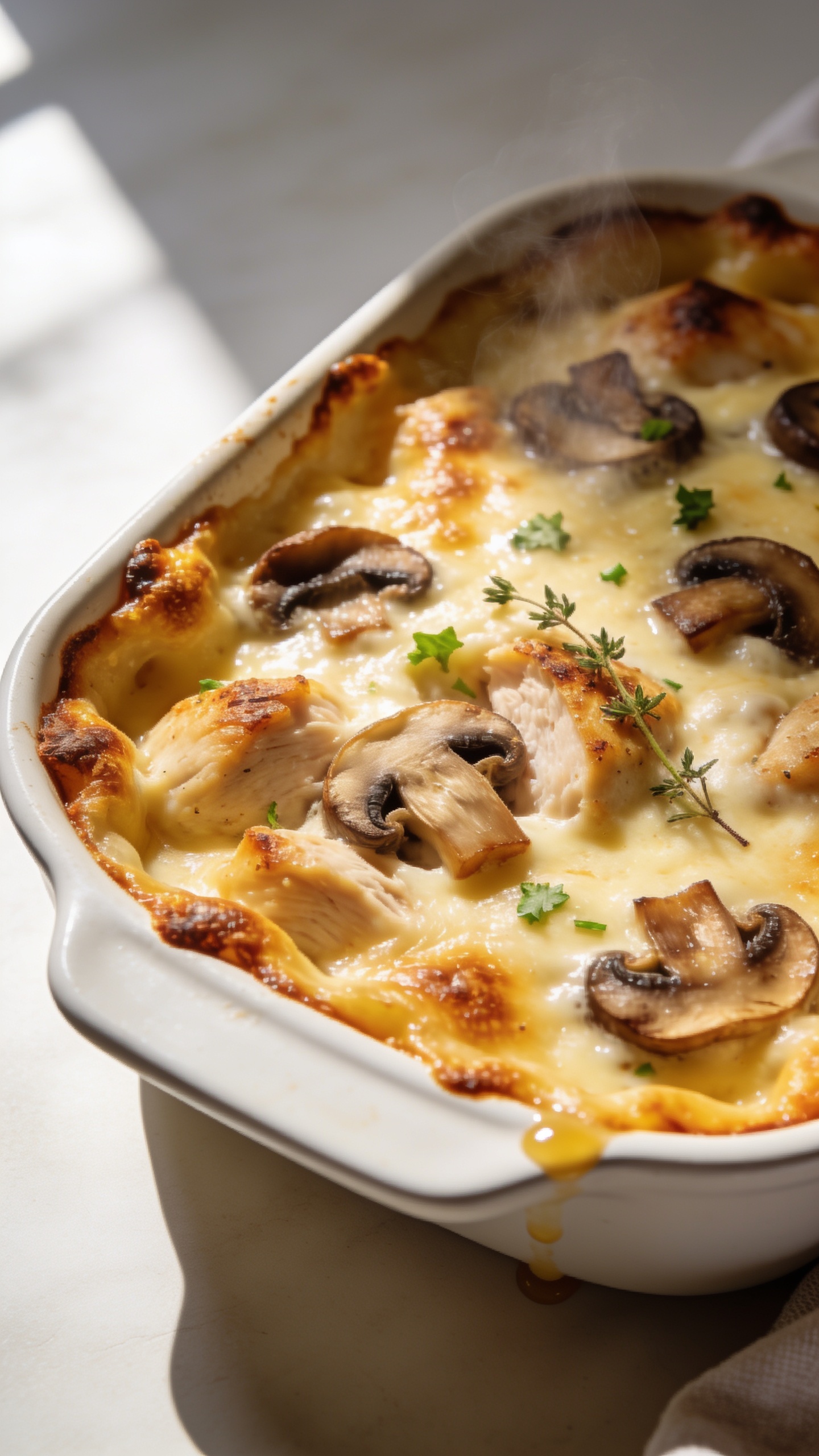 Ultra-close hero shot of a freshly baked high-protein chicken mushroom casserole in a white enameled baking dish, food filling 90â95% of frame. Golden, lightly blistered cheesy top with crisped edges, scattered browned cremini and shiitake mushroom slices, juicy chunks of roasted chicken visible through creamy sauce bubbles, a few flecks of fresh thyme and chopped parsley for color. Edges show caramelized cheesy crust, small pools of glossy savory cream peeking through cracks. Bright natural window light from left, gentle shadows to the right, shallow depth of field focused on the center where mushrooms and chicken poke through the cheese, steam subtly rising. Neutral, matte off-white surface and soft linen barely visible at the margins, premium food-blog styling.