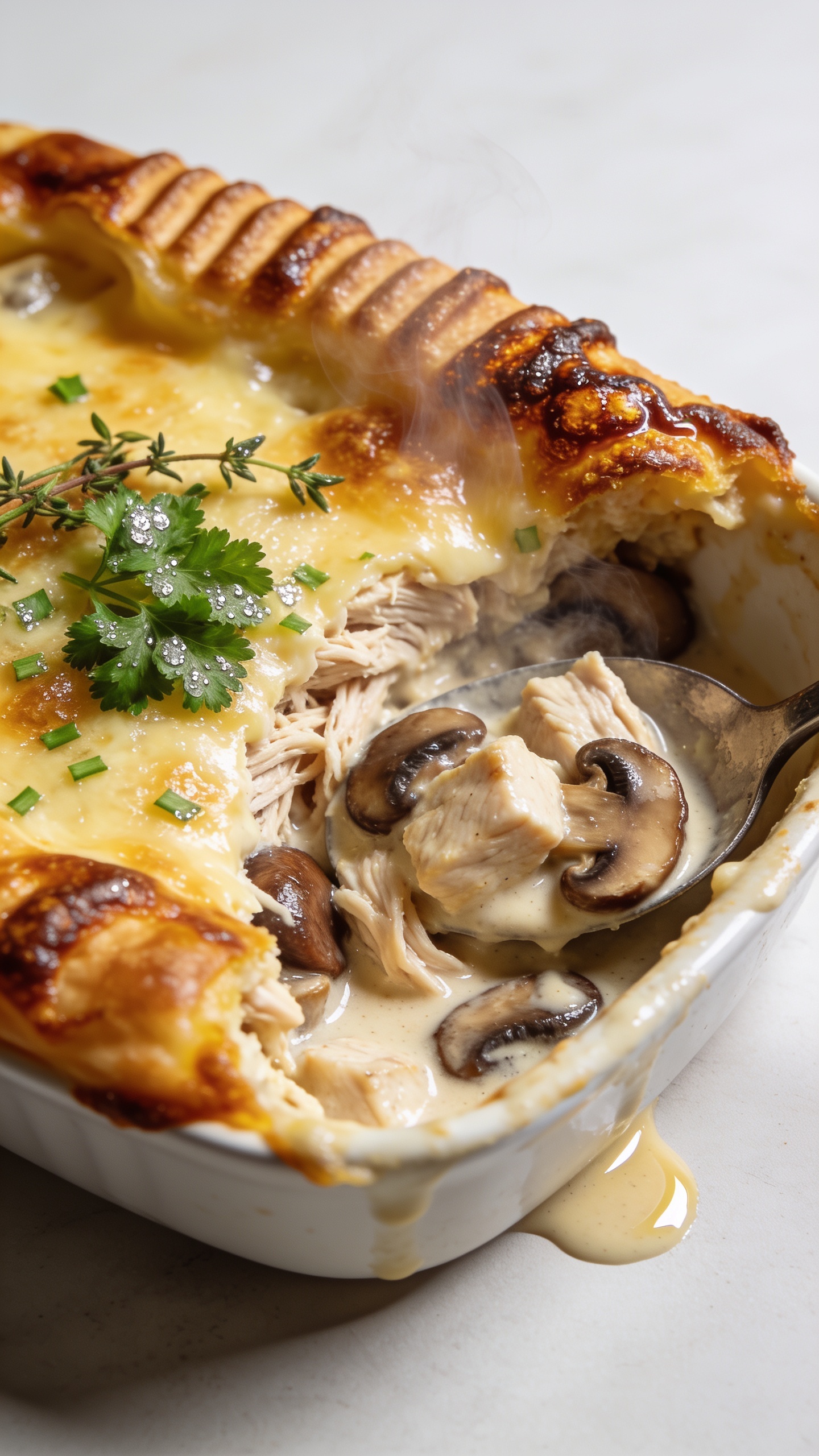 Tight macro from a different angle (three-quarters overhead) of a scooped-out corner of the same casserole, revealing the inside: tender shredded or cubed chicken, deeply browned mushroom slices, and a velvety light cream sauce coating everything. The top shows a bronzed, bubbly cheese crust with crisp ridges and caramelized edges. A sprinkle of freshly chopped parsley and a few thyme leaves just added, still dewy. Visible steam drifting up, glossy sauce pooling slightly at the corner for shine. Bright natural side light, shallow depth of field highlighting the juicy textures and golden crust, minimal neutral background, premium food blog aesthetic, food occupying 90â95% of the frame.