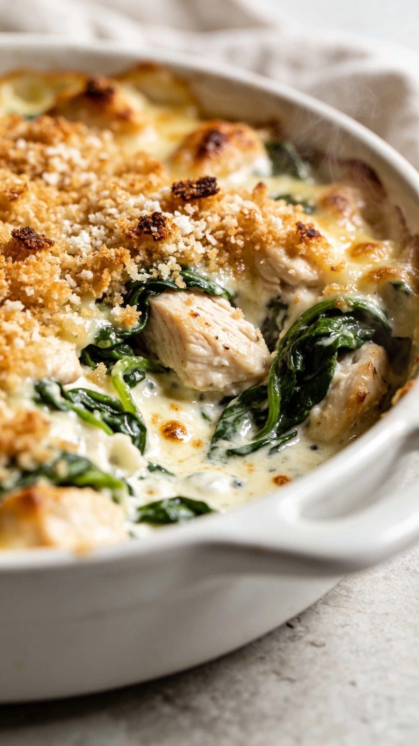Ultra close-up hero shot of a freshly baked high-protein chicken spinach casserole in a white enamel baking dish, 90â95% of frame filled with the bubbly surface: golden-brown, crispy panko-parmesan topping with scattered browned edges, tender chunks of juicy chicken breast peeking through a creamy Greek-yogurt-based sauce, ribbons of silky sautĂŠed spinach throughout, light cheese melt with tiny browned blisters, glistening with a slight sheen; bright natural side lighting, shallow depth of field, soft linen and a neutral stone surface barely visible in the background, steam subtly rising for warmth, premium food-blog styling, vibrant greens and toasted golden textures, no text or hands.