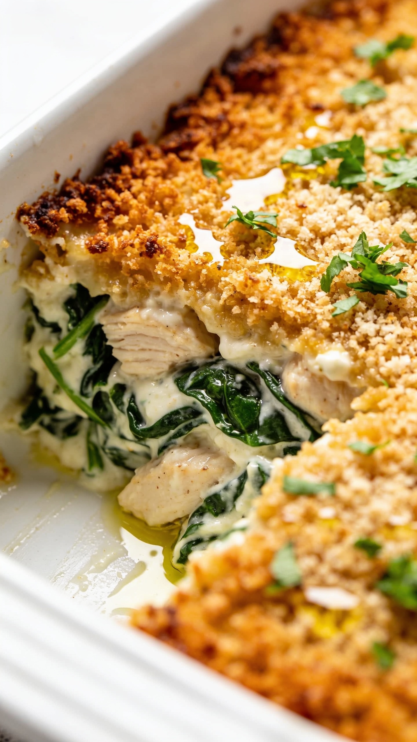 Macro close-up angle from the corner of the same white baking dish, showing a neatly scooped section to reveal the inside layers: succulent chicken pieces embedded in a thick, creamy Greek-yogurt-and-cottage-cheese sauce with wilted spinach ribbons, glossy and velvety; the remaining surface features a deeply golden panko-parmesan crust with toasted, crunchy edges; a final sprinkle of fresh chopped parsley and a light drizzle of olive oil catching the light; bright natural lighting, shallow depth of field, rich textures and vibrant greens, 90â95% of frame filled with the casserole, cohesive with the same styling and color palette.