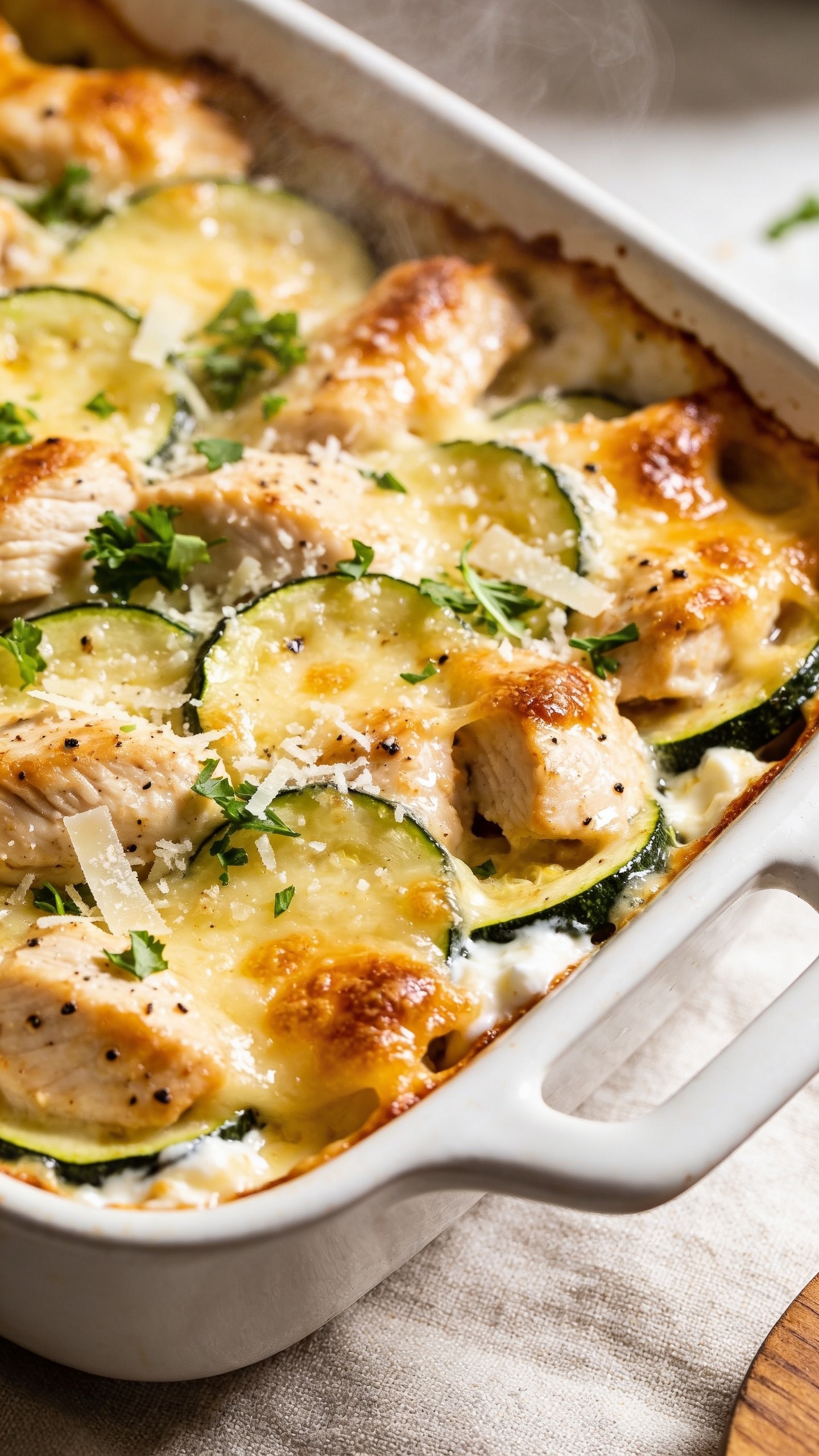 Ultra-close hero shot of a freshly baked high-protein chicken zucchini casserole in a white enamel baking dish, 90–95% of frame filled with food. Golden-brown, lightly crisped mozzarella and parmesan top with bubbly edges, flecks of black pepper, and a glossy, creamy sauce peeking through. Visible juicy chunks of chicken breast and thin half-moons of zucchini layered under the cheese, hints of cottage cheese/Greek yogurt creaminess around edges. Sprinkled with fresh chopped parsley and micro-planed parmesan for a vibrant finish. Bright natural side lighting, shallow depth of field, steam subtly rising, on a neutral light linen with a small corner of a wooden board barely visible, premium food-blog styling.