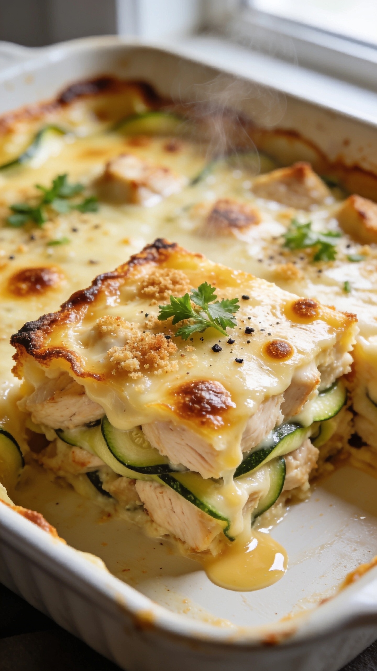 Tight angled macro of a single square serving just cut from the casserole and set back into the baking dish, edges slightly crisp and caramelized. Layers are clearly defined: juicy chicken chunks, zucchini ribbons, and a glossy, protein-rich creamy sauce, all capped with blistered, golden cheese. Tiny browned cheese bubbles, a few toasted breadcrumbs for texture, and a final sprinkle of fresh parsley and cracked black pepper. A glisten of sauce pooling at the corner of the slice, steam rising gently. Bright natural window light, shallow depth of field, 90–95% frame filled with the serving and surrounding cheesy surface, cohesive with the same styling as the other shots.