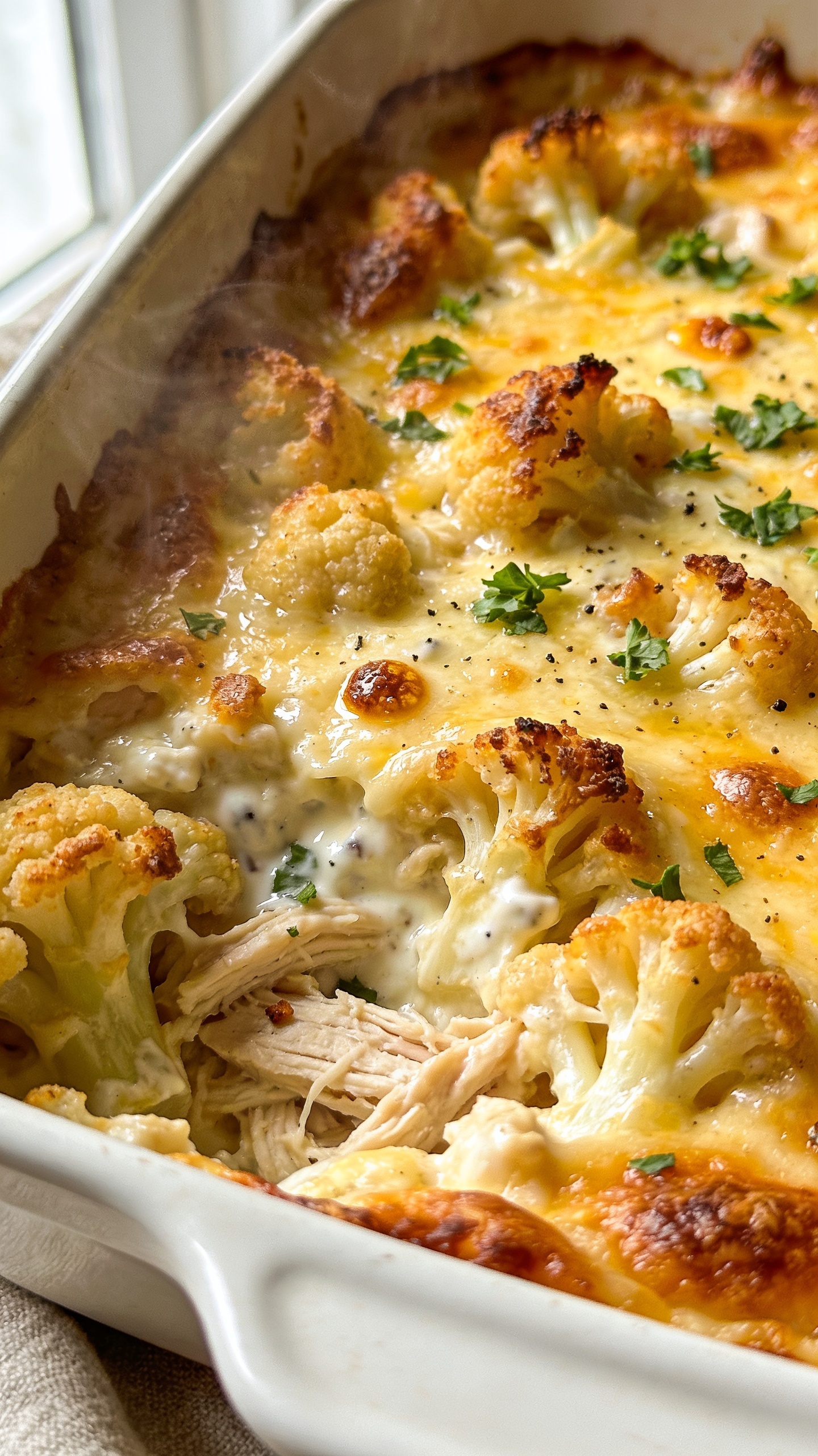 Extreme close-up hero shot of a freshly baked high-protein chicken cauliflower casserole in a white enamel baking dish, filling 90â95% of the frame; golden-brown, blistered cheddar-mozzarella top with scattered crispy edges; visible chunks of roasted cauliflower and juicy shredded chicken peeking through creamy, glossy Greek-yogurt-based sauce; light sprinkling of fresh chopped parsley and black pepper on top; a few tiny browned cheese bubbles and crispy bits for texture; bright natural window light from the left, soft shadows, shallow depth of field focused on the center crust; steam subtly rising to suggest warmth; premium food-blog styling with a neutral linen barely visible at the edge to keep the food dominant.