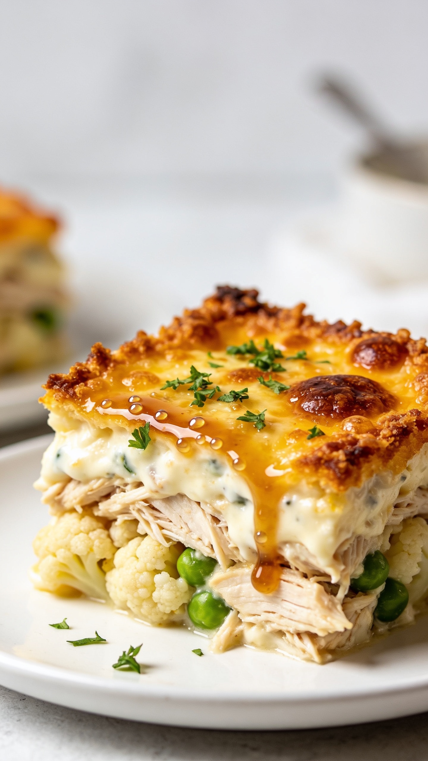 Ultra close-up side angle of a single plated square of the same casserole on a simple white plate, cropped tight so food dominates the frame; focus on juicy textures: layered shredded chicken and cauliflower bound by a creamy Greek-yogurt-and-cottage-cheese sauce with a glossy finish; deeply golden, crisp-cheese edges and browned bubbles on top; micro-beads of sauce glistening along the cut side; a light shower of freshly chopped parsley and a few green peas tucked into the interior for color; bright natural daylight, shallow depth of field with focus on the cut edge and crispy crown; minimal props blurred in background, emphasizing rich textures and vibrant, premium food-blog styling.
