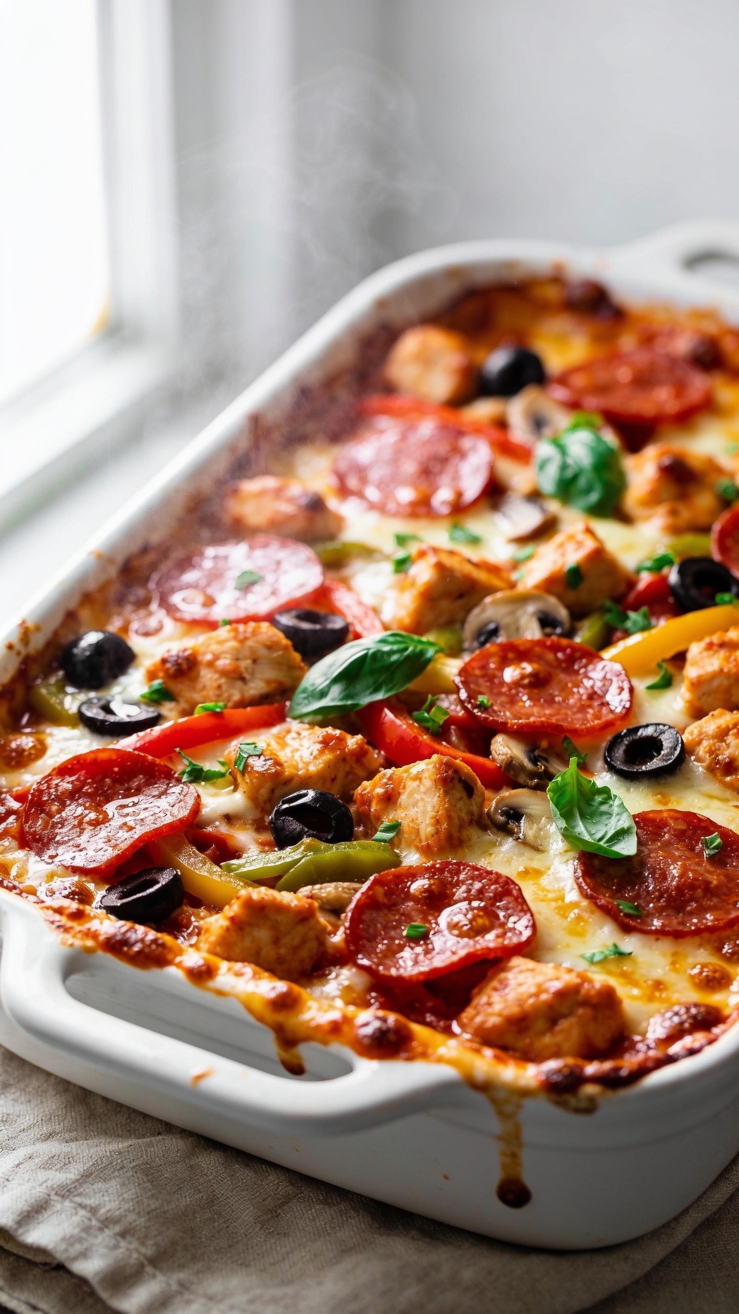 Ultra-close hero shot of a high-protein chicken pizza casserole just out of the oven in a white enamel baking dish: golden, bubbly mozzarella and provolone melted over chunky marinara-coated diced chicken breast, crisped pepperoni coins cupped with glistening edges, sautéed bell pepper strips and mushrooms peeking through, scattered black olive slices, and a final sprinkle of fresh chopped basil; sauce visibly glossy around the edges with caramelized cheese bubbles and crisp browned bits; bright natural window light from the left, subtle backlight highlighting steam and sheen; shallow depth of field with the center section razor sharp and edges softly blurred; no text, minimal props (only the baking dish on a neutral linen), food filling 90–95% of frame.
