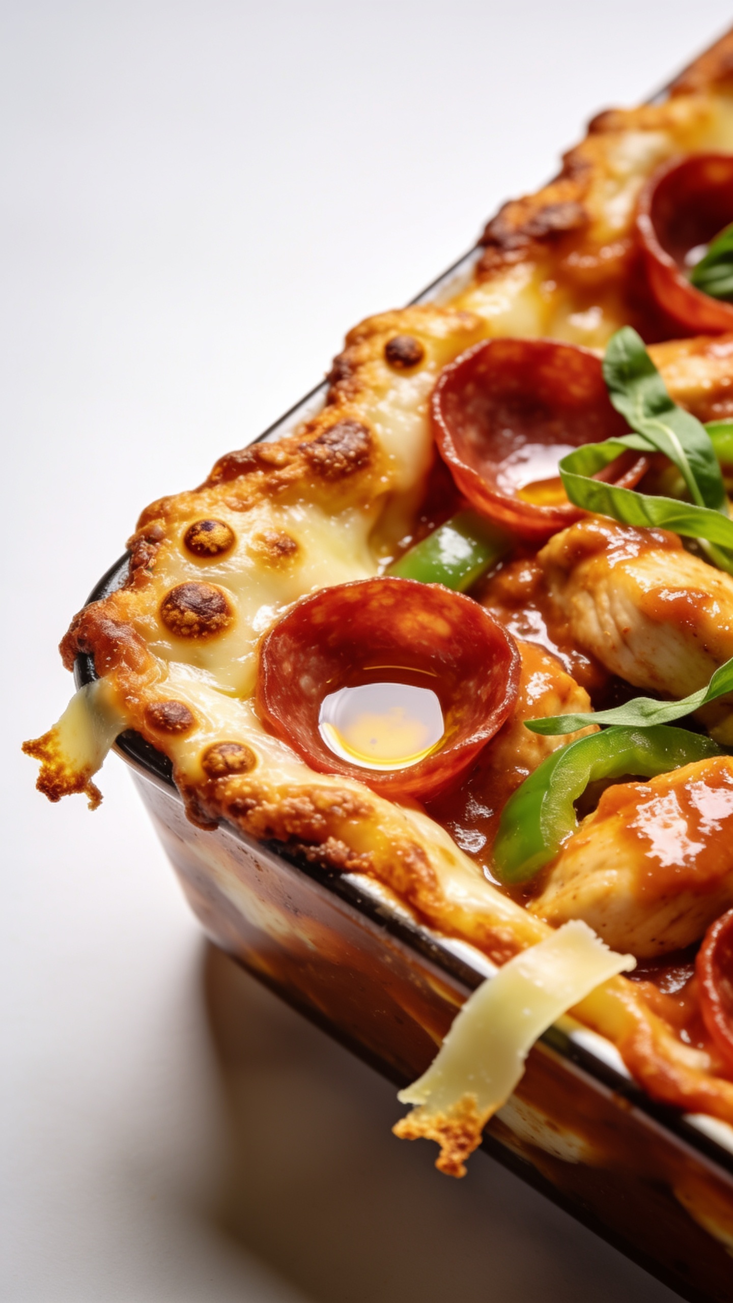 Extreme close-up angle from the corner of the casserole showing the crispy-cheesy edge and saucy interior: caramelized cheese crust with tiny browned blisters, pepperoni cups pooling savory oil, tender chicken pieces coated in thick, glossy marinara, pops of green bell pepper and fresh basil ribbons, a few toasted cheese fronds clinging to the rim of the dish; bright side lighting to emphasize texture and shine, shallow depth of field with the corner edge tack sharp; warm, inviting color balance; food fills 90–95% of frame, no utensils or hands, premium food-blog styling with clean, minimal background.