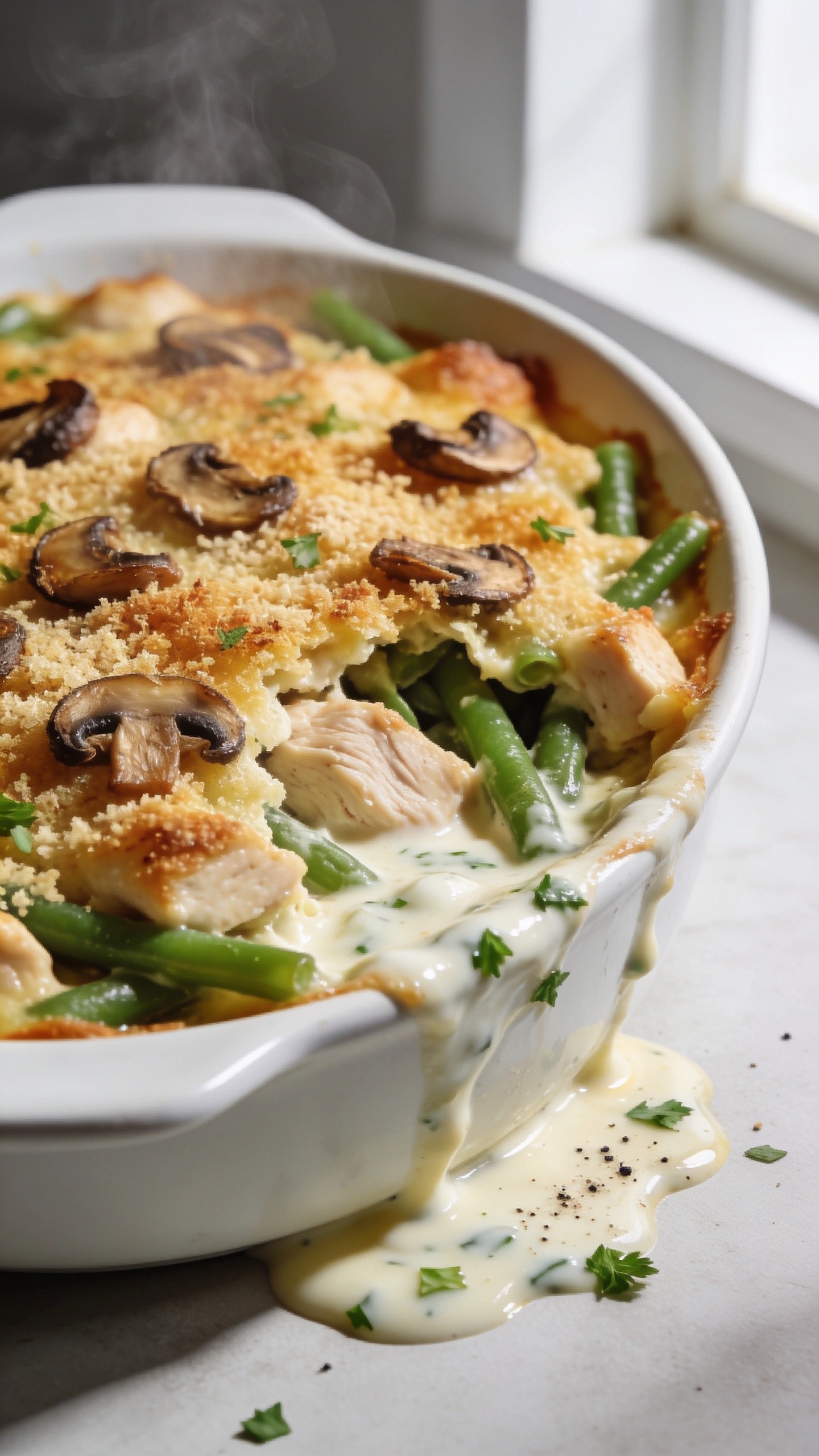 Extreme close-up hero shot of a freshly baked high-protein chicken green bean casserole in a white oval baking dish, filling 90–95% of the frame. Golden-brown, lightly crisped Parmesan-panko top with scattered crispy sautéed mushrooms peeking through, tender chunks of juicy chicken, and vibrant green beans visible where the crust slightly parts. Creamy, glossy Greek-yogurt-based garlic-herb sauce pooling at the edges with a subtle sheen. Garnished with finely chopped fresh parsley and a light dusting of cracked black pepper. Bright natural window light from the side, shallow depth of field, soft shadows, steam subtly rising, premium food-blog styling, clean neutral background that keeps all focus on the casserole.