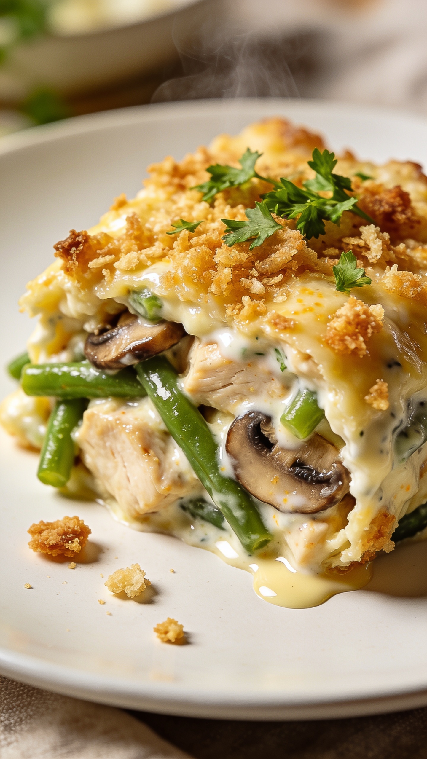 Ultra close-up angled shot into a neatly scooped corner of the same casserole on a warm white plate, showing the interior: succulent chicken chunks, vivid green beans, sautéed mushroom slices, and the velvety Greek-yogurt Parmesan sauce coating everything with a glossy finish. Crispy golden topping scattered over the scoop with a few crunchy crumbs on the plate. Fresh parsley sprinkled over the top, tiny rivulets of sauce pooling at the base, light steam visible. Bright natural light, shallow depth of field, premium styling, neutral background elements softly blurred to keep the food dominating the frame.