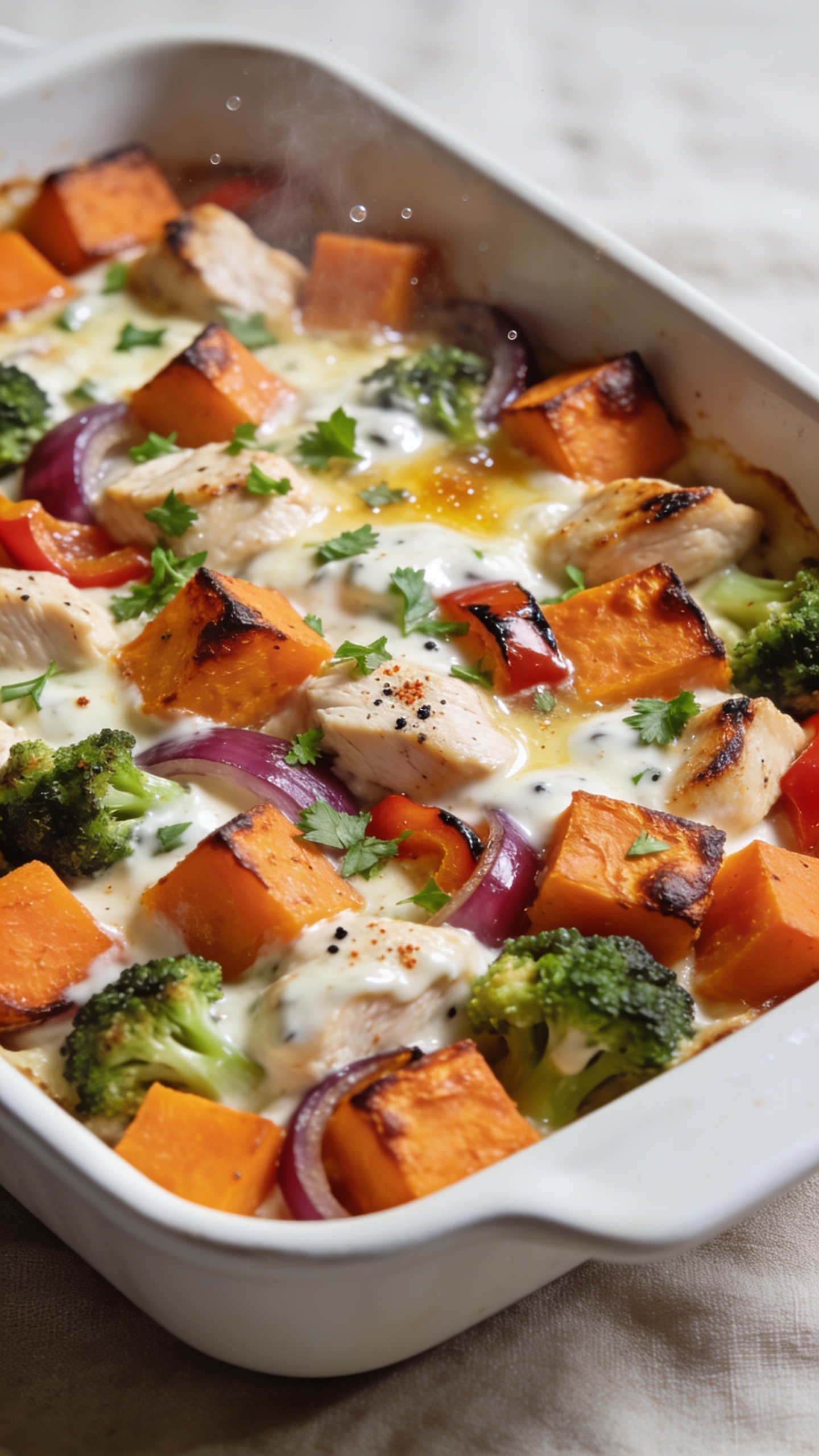 Extreme close-up hero shot of a freshly baked high-protein chicken sweet potato casserole in a white ceramic baking dish, filling 90–95% of the frame. Cubed roasted sweet potatoes with caramelized edges, juicy bite-sized chicken breast pieces, lightly charred red onion and bell pepper, tender broccoli florets, all bound with a light, creamy Greek-yogurt-based sauce that looks glossy, with a faint golden top. Sprinkled with fresh chopped parsley and a few flecks of black pepper and paprika, tiny beads of steam rising. Bright natural side light, shallow depth of field, crisp textures, saturated yet natural colors (vibrant orange sweet potatoes, creamy sauce, green herbs), premium food-blog styling on a neutral linen, no text, no hands.