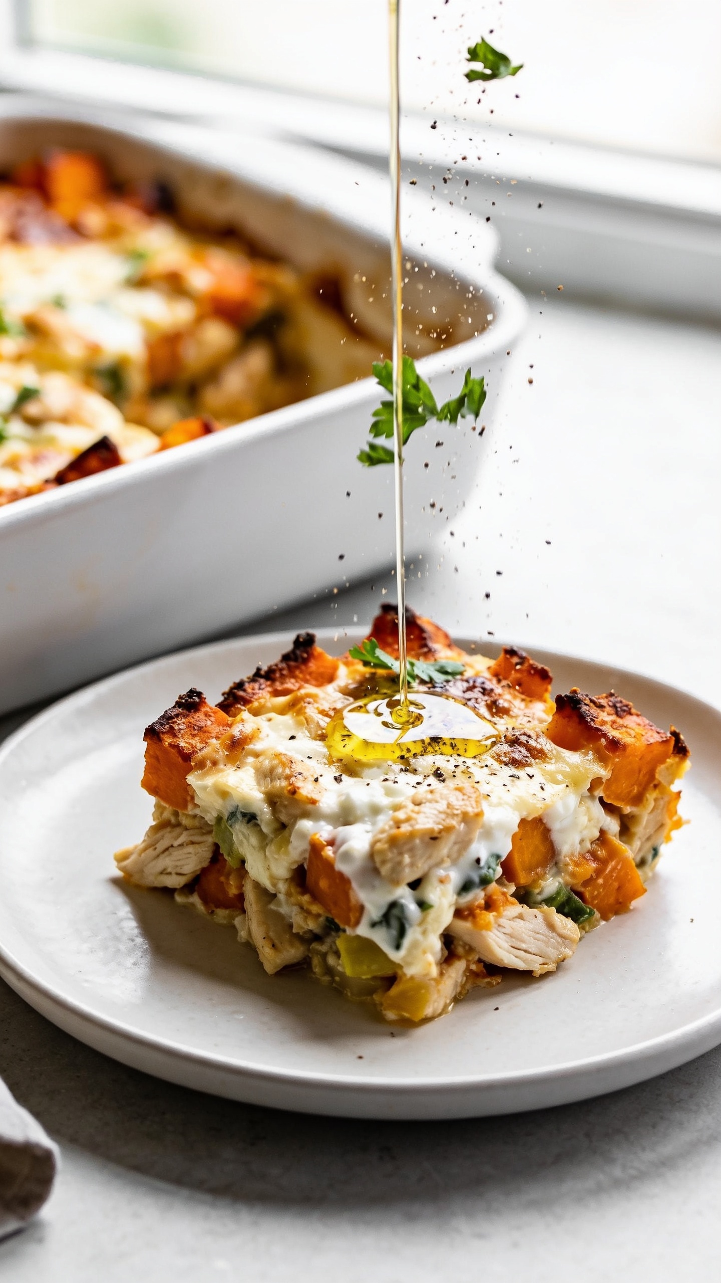 Ultra close-up angled top-down corner shot of a single plated square scoop of the same casserole on a matte white plate set beside the original baking dish, keeping styling consistent. Focus on textures: crispy caramelized sweet potato edges, moist chicken pieces, creamy Greek-yogurt-cottage-cheese sheen in the nooks, and lightly roasted veggies peeking through. A delicate drizzle of olive oil catches the light, and a final sprinkle of fresh parsley and cracked black pepper falls mid-air onto the serving, frozen in motion. Bright natural window light, shallow depth of field, vivid colors, 90–95% food in frame, cohesive with the hero image.