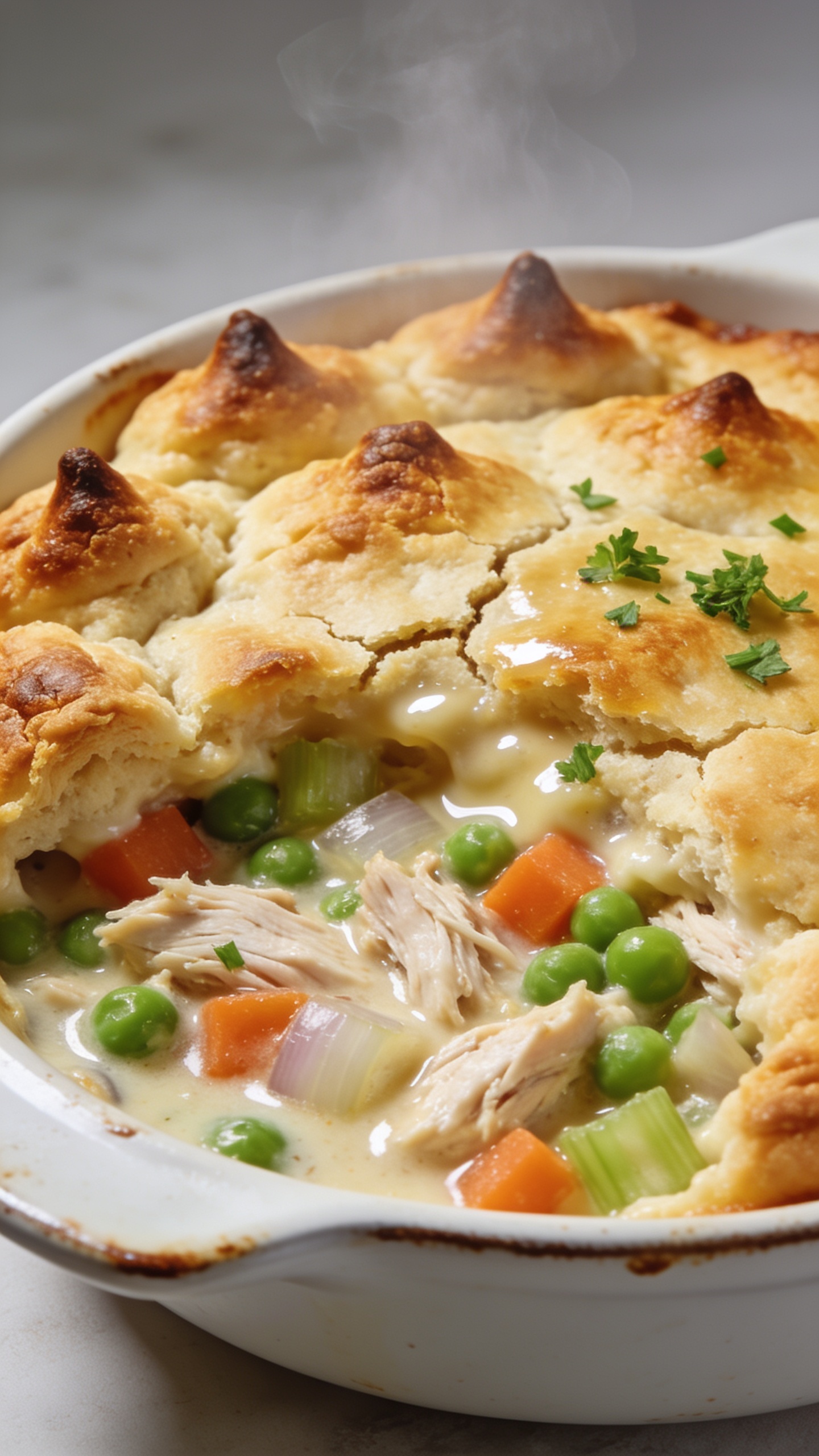Ultra-close hero shot of a high-protein chicken pot pie casserole just out of the oven, filling 90â95% of the frame: a bubbling, creamy chicken-and-veg center under a golden, biscuit-style protein topping with crisp, deeply browned peaks and crackly edges. Visible chunks of juicy shredded chicken, bright peas, diced carrots, celery, and onions peeking through a few natural cracks in the biscuit lid, glossy gravy glistening. A light scatter of chopped fresh parsley on top for color. Served in a white enamel casserole dish with slightly browned rim, minimal neutral backdrop, bright natural side lighting, shallow depth of field, premium food-blog styling, steam subtly rising.