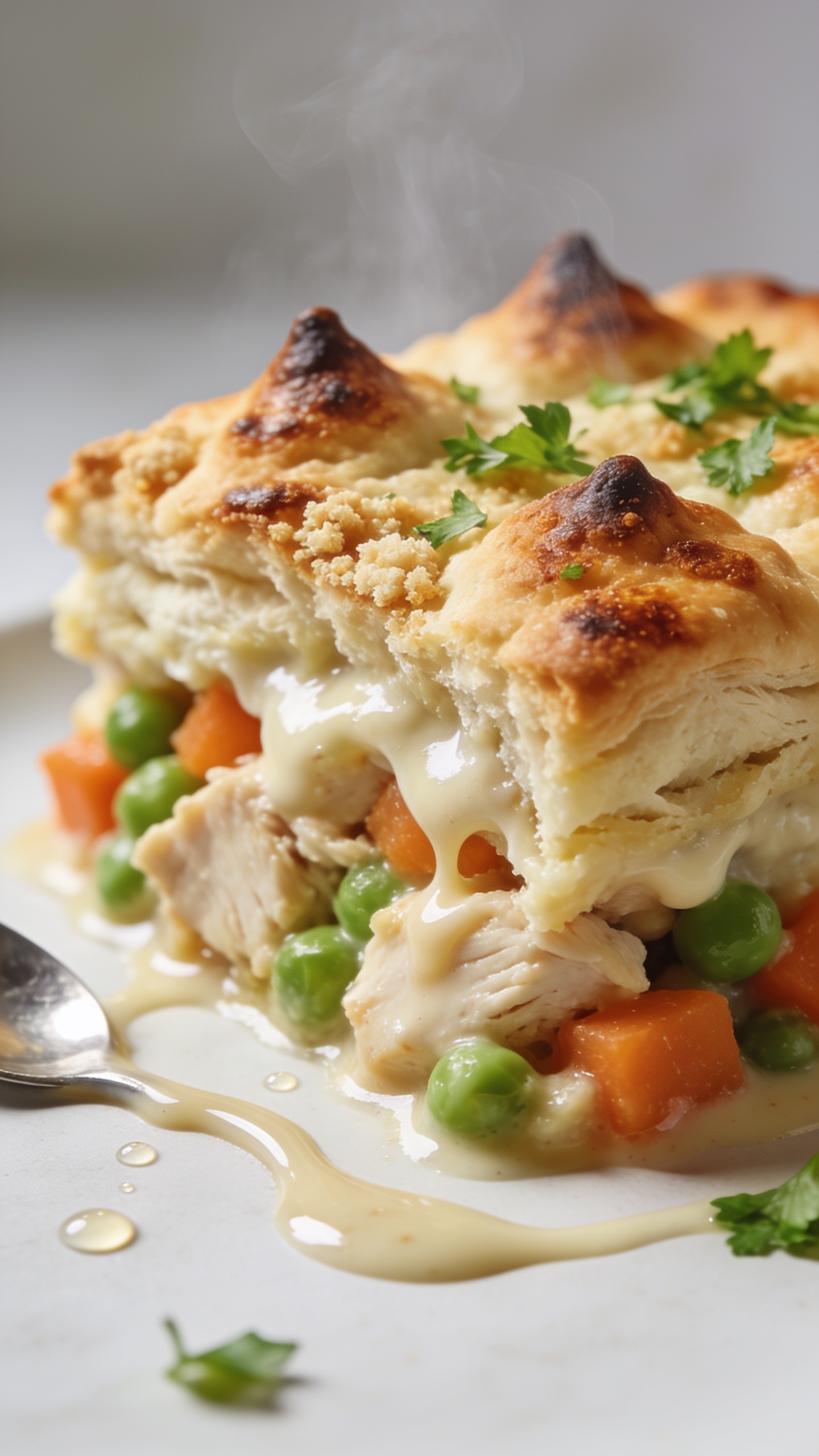 Tight macro angle from the side of a sliced corner of the casserole, emphasizing textures: the layered profile of the biscuit-style protein topping with blistered, browned peaks and flaky crumb, the luscious, creamy filling pooling slightly at the cut edge, chunky pieces of chicken and vibrant peas and carrots shining through. A subtle spoon trail in the sauce adds sheen and movement; micro-beads of glossy gravy catch the light. Freshly chopped parsley sprinkled over, steam just visible, bright natural lighting, shallow depth of field, neutral background, food occupying 90â95% of the frame.