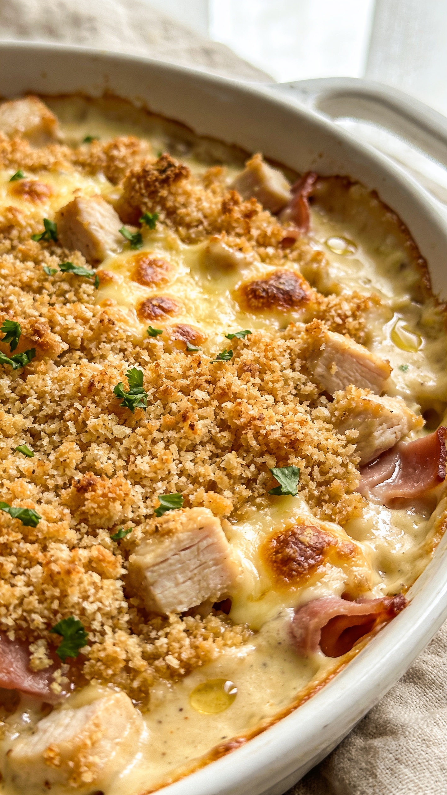 Ultra-close hero shot of a baked high-protein Chicken Cordon Bleu casserole in a white ceramic baking dish, filling 90â95% of the frame. Golden toasted panko-parmesan topping with visible crunchy texture, patches of lightly browned melted Swiss cheese bubbling through, and hints of diced lean chicken breast and ribbons of thin-sliced ham peeking at the edges. A silky, creamy Dijon-garlic sauce glistens around the edges of the casserole, with a few small pools of glossy sauce. Freshly chopped parsley sprinkled lightly on top for color. Bright natural window light from the side, shallow depth of field, crisp focus on the crackly topping and cheese blisters, softly blurred background with a neutral linen and a hint of the baking dish rim. No text, no hands.