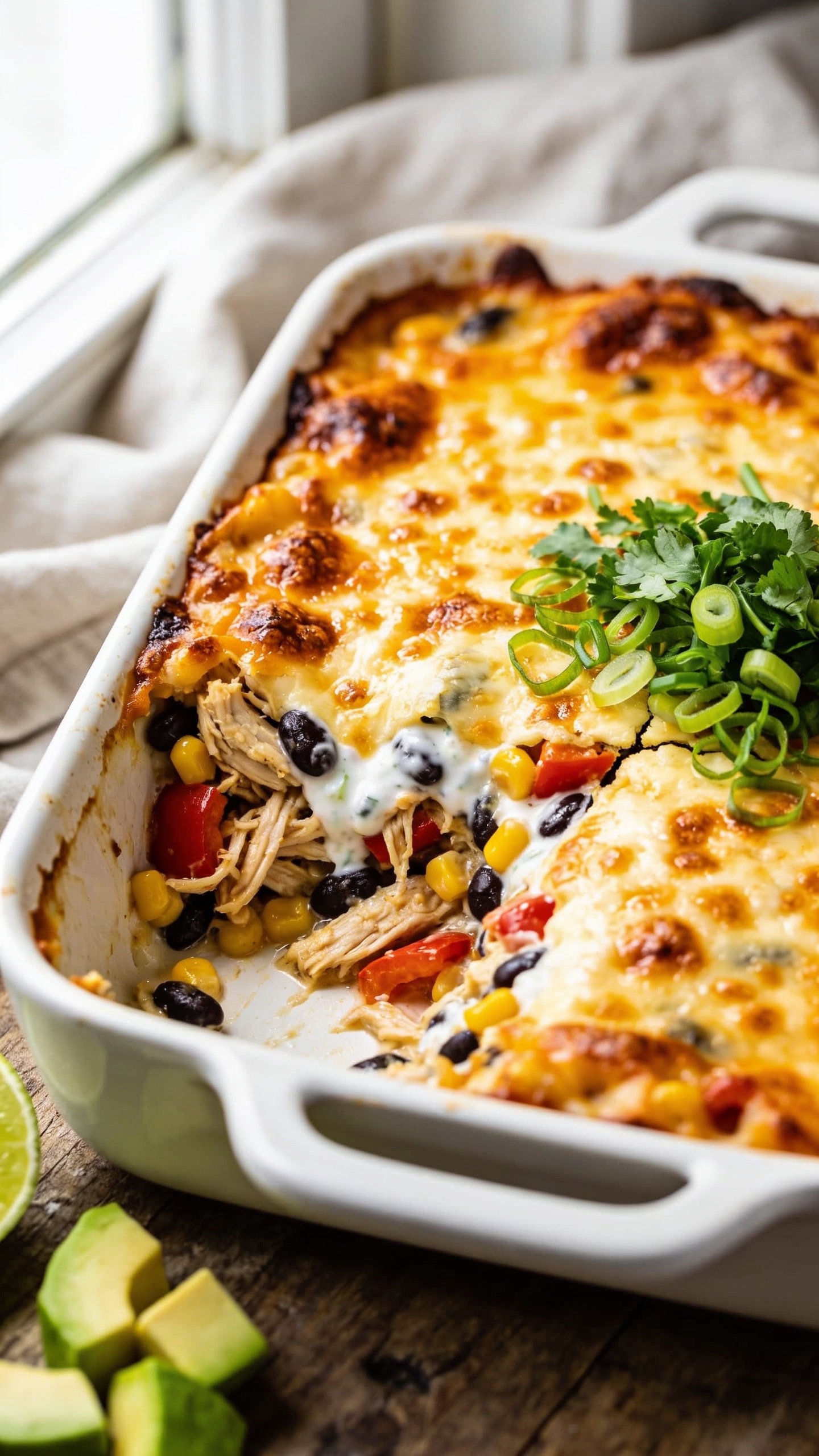 Ultra-close hero shot of a freshly baked high-protein Mexican chicken casserole in a white ceramic baking dish, filling 90–95% of the frame. Golden, blistered melted cheese blanket on top with visible cheese bubbles, lightly charred edges, and a glossy finish. Juicy shredded chicken, black beans, corn, and red bell pepper peeking through natural cracks in the cheese, with a creamy Greek-yogurt-based sauce glistening at the seams. Garnished with a tight scatter of chopped cilantro and thinly sliced green onions, plus a few avocado cubes and a lime wedge tucked to the side for color. Bright natural window light from the left, shallow depth of field, background softly blurred neutral linen and rustic wood, vibrant colors, premium food-blog styling.