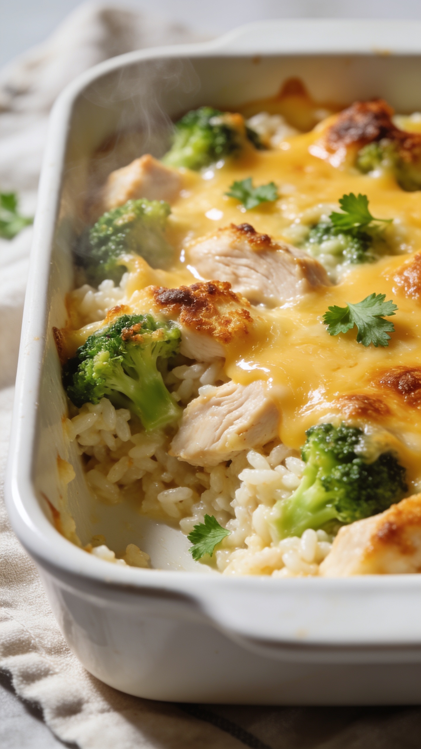 Ultra-close hero shot of a freshly baked high-protein chicken broccoli rice casserole in a white ceramic baking dish, food filling 90–95% of frame. Golden, bubbly cheddar on top with browned, crispy edges, visible chunks of juicy chicken breast, vibrant green broccoli florets peeking through, and creamy rice bound together underneath. A light gloss from melted cheese and a few scattered fresh parsley leaves for color. Bright natural side lighting from the left, shallow depth of field, soft linen napkin edge barely visible in background blur. Steam subtly rising, textures sharp and craveable, premium food-blog styling.