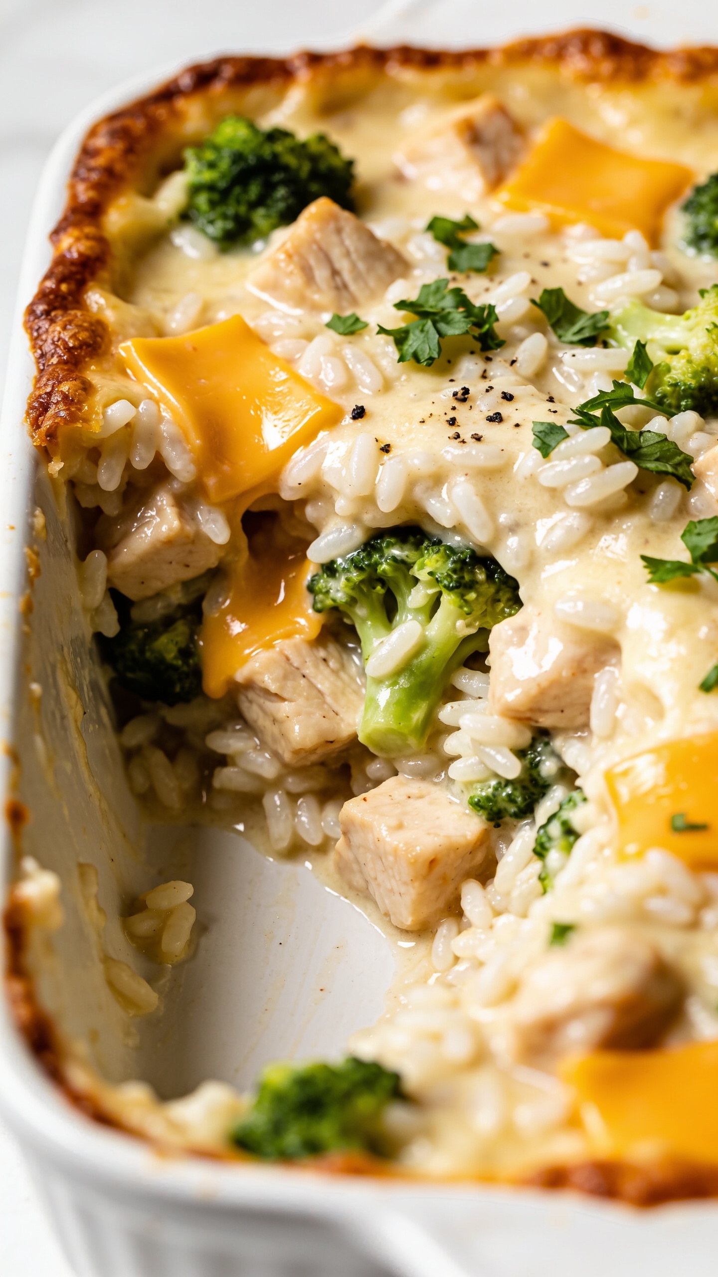 Extreme close-up angle from the side corner of the same casserole after one clean scoop removed, exposing the creamy interior. Focus on juicy diced chicken, al dente broccoli florets, and rice suspended in a velvety, glossy sauce with pockets of melted cheddar throughout and lightly crisped, browned cheese crust along the rim. A sprinkle of freshly chopped parsley and a few cracks of black pepper on top. Bright natural top-front lighting, shallow depth of field, minimal props, rich textures emphasized, cohesive with the other images.