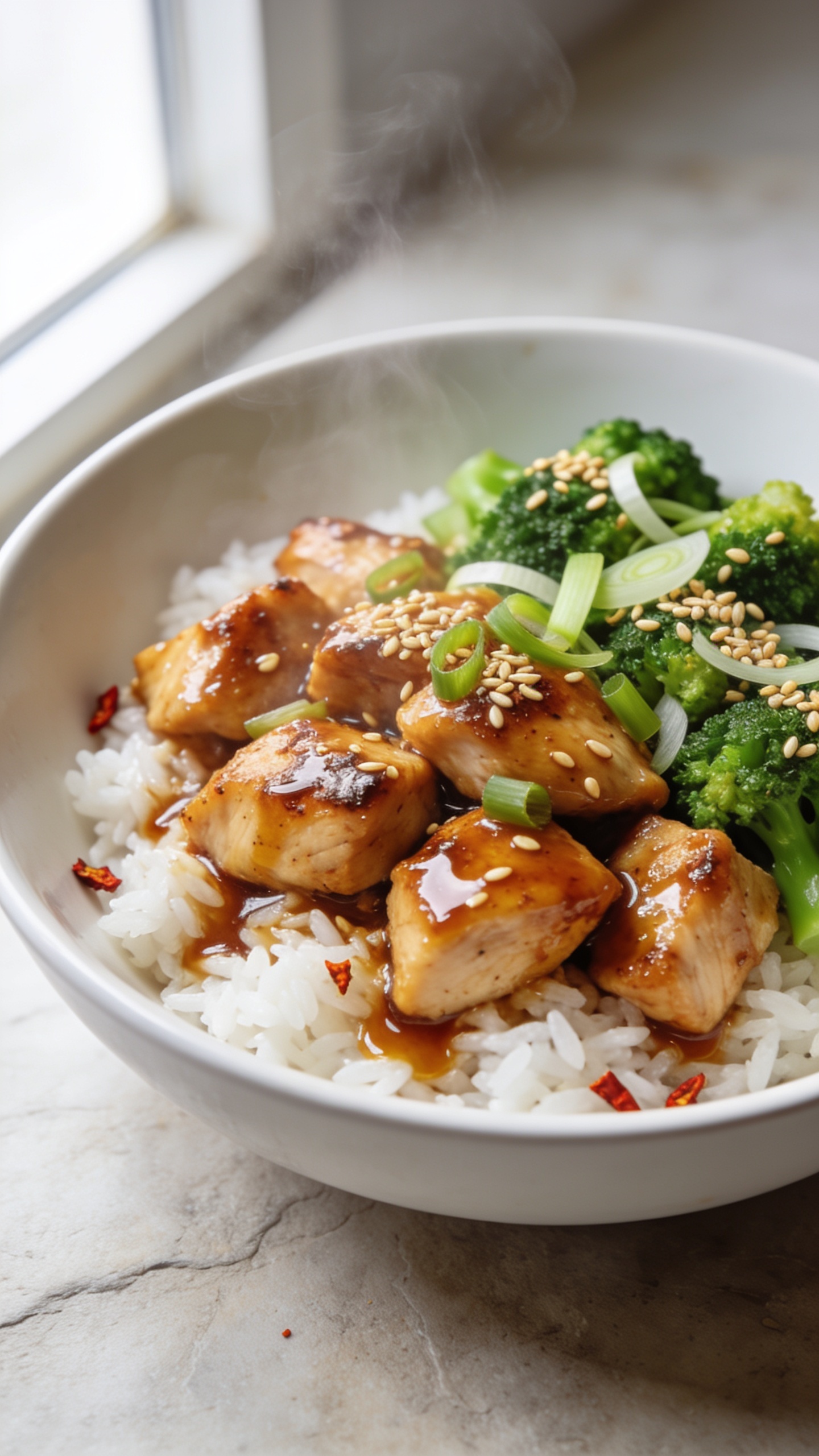 Ultra-close hero shot of High Protein Honey Garlic Chicken meal prep: glossy, bite-sized seared chicken breast pieces lacquered in a sticky honey-garlic soy glaze, nestled over fluffy white jasmine rice with a side of crisp-tender bright-green steamed broccoli and thinly sliced scallions and toasted sesame seeds sprinkled on top. The sauce clings and pools lightly around the chicken and rice, with a few chili flakes for optional heat. Bright natural window light from the left, shallow depth of field, food filling 90â95% of the frame, shot in a matte white shallow bowl on a neutral light stone surface, premium food-blog styling, vivid colors, steam subtly rising to emphasize freshness, same plating in every image.