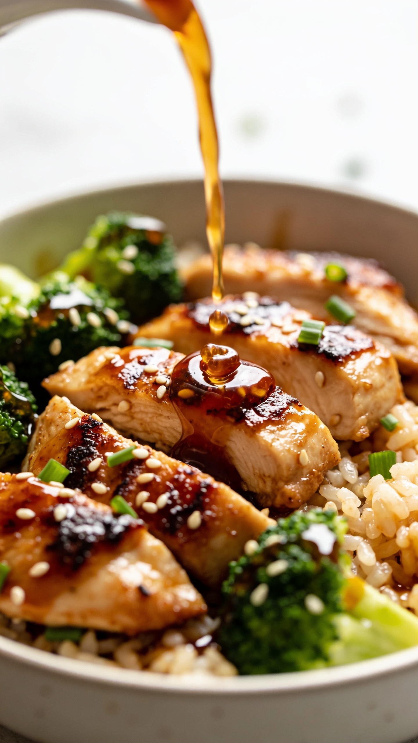 3. Extreme close-up from a lower 3/4 angle emphasizing textures: caramelized edges on the honey-garlic chicken breast pieces, glossy glaze reflecting light, sesame seeds and scallions dotting the surface, tender broccoli beads catching droplets of sauce, fluffy rice grains peeking through. A slow drizzle of extra honey-garlic glaze mid-pour from just out of frame forming a ribbon over the chicken, tiny droplets suspended. Bright natural lighting, shallow depth of field with bokeh in the background, food dominating 90â95% of the frame, same bowl, same composition and garnishes as images 1 and