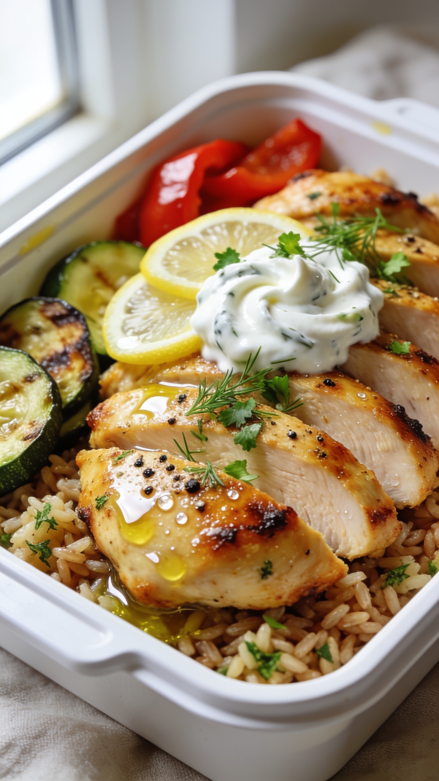 Ultra-close hero shot of High Protein Greek Lemon Chicken Meal Prep in a white meal-prep container: glossy, golden-browned Greek lemon chicken thighs or breasts sliced and fanned over fluffy garlic-herb brown rice, with roasted zucchini and red bell pepper on the side; chicken glistening with olive oil and lemon juices, micro-beads of moisture on the surface, charred edges, visible flecks of oregano and cracked black pepper, thin lemon slices and a dollop swirl of thick Greek yogurt-tzatziki on the chicken, sprinkled with chopped fresh dill and parsley; bright natural window light from the left, shallow depth of field, background softly blurred neutral linen, food filling 90â95% of frame, vibrant colors and premium food-blog styling.