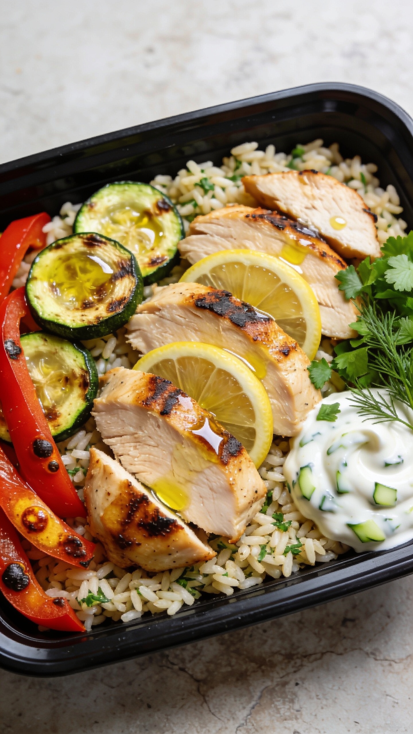 Macro close-up from a different angle emphasizing textures: overhead three-quarters view of the same plated meal-prep container, chicken slices layered over herb rice with visible individual grains, glossy lemon-olive oil sheen pooling lightly, char-kissed edges, thin lemon wheels tucked between slices, roasted zucchini coins and red bell pepper strips showing caramelized spots; a small swirl of creamy Greek yogurt-tzatziki nestled beside the chicken with cucumber flecks visible, shower of fresh chopped parsley and dill just settled; bright natural daylight, shallow depth of field, neutral stone surface barely visible, food filling 90â95% of frame, crisp, vibrant, premium styling.