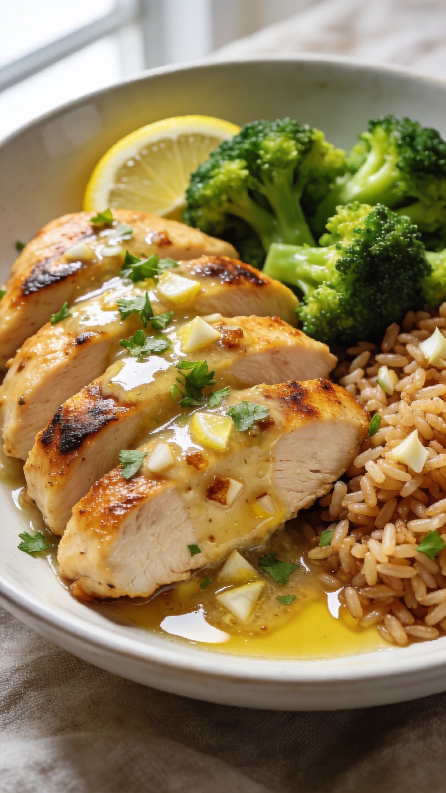Ultra-close hero shot of the finished High Protein Garlic Butter Chicken Meal Prep plated in a shallow white ceramic bowl: sliced seared chicken breast with deep golden crust, glistening in silky garlic butter with visible minced garlic and toasted brown bits, a squeeze of lemon sheen, finely chopped fresh parsley scattered, and a side of bright green crisp-tender broccoli florets and fluffy garlicky brown rice. A glossy butter pool gathers at the base, reflecting light; thin lemon wedge tucked to the side for color. Bright natural window light from the left, soft shadows, shallow depth of field, background blurred into soft neutral linen. Food fills 90–95% of frame; rich textures, vibrant greens, warm golden tones, premium food-blog styling.