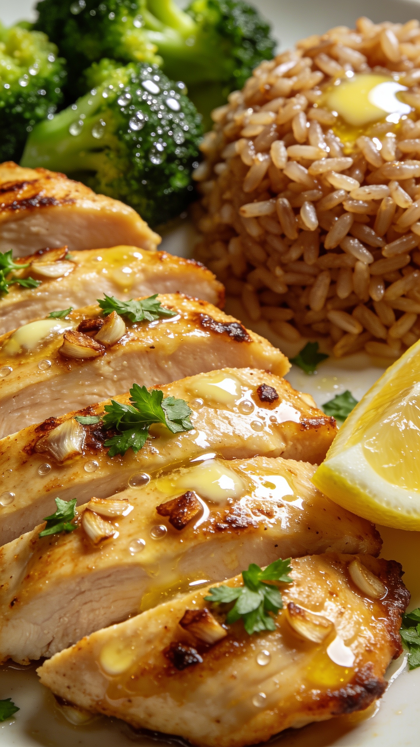 Macro close-up at a 45-degree angle of the same plated dish emphasizing textures: overlapping slices of golden-seared chicken lacquered with garlic butter, browned garlic bits catching light, micro-beads of butter on the surface; vivid parsley sprinkled over; a glistening lemon wedge just out of focus. On the side, crisp broccoli with tiny water droplets and a mound of tender brown rice with butter shine. Natural light highlights the glossy sauce and crispy edges; shallow depth of field isolates the chicken while keeping sides recognizable. Food dominates 90–95% of frame, cohesive with the hero image styling.