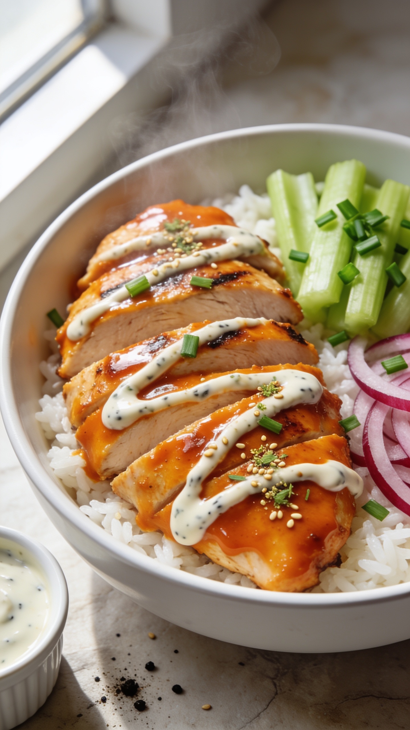 Ultra-close hero shot of high-protein Buffalo ranch chicken meal-prep bowl: juicy grilled chicken breast sliced into thick pieces, generously glazed in glossy bright-orange Buffalo sauce with visible sheen; drizzles of creamy speckled ranch zigzagging over the chicken; served in a shallow white meal-prep bowl over fluffy white rice with a tight scoop, crisp green celery slices and thinly sliced red onion on the side, sprinkled with fresh chopped chives; a small side ramekin of extra ranch tucked in the corner; a light scatter of coarse black pepper and a few sesame-like ranch herb flecks on the sauce; steam subtly rising; bright natural window light from the left, soft shadows, shallow depth of field, food filling 90â95% of frame, premium food-blog styling on a neutral light stone surface.