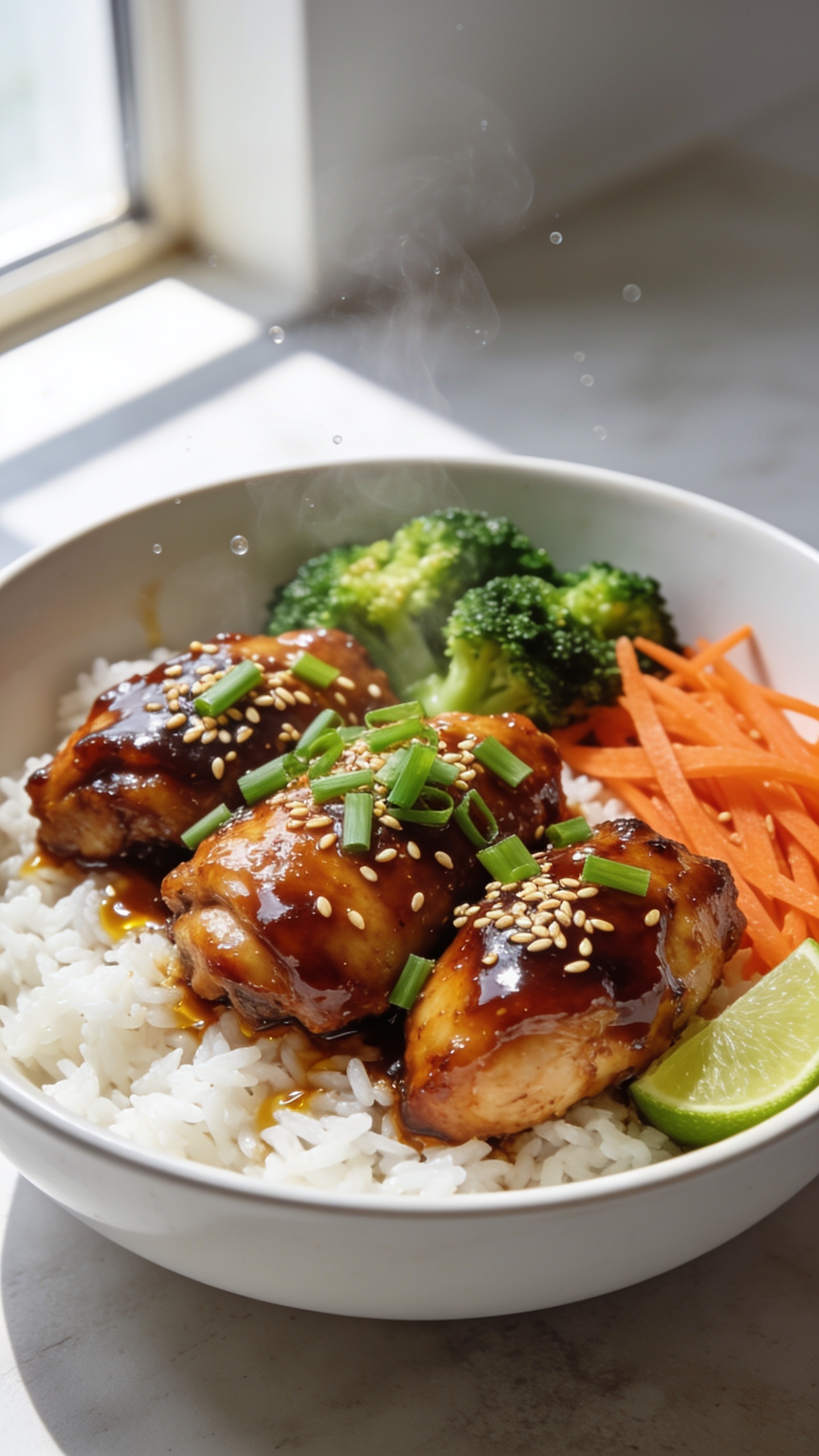 Ultra-close hero shot of high-protein teriyaki chicken meal prep in a shallow white bowl: glossy, bite-sized chicken thighs glazed in thick, sticky teriyaki sauce, nestled over fluffy white jasmine rice with vibrant steamed broccoli and thinly sliced carrots on the side; sauce gleaming with a light sesame oil sheen, sprinkled with toasted sesame seeds and finely sliced green onions; a small lime wedge tucked near the rim; everything looks freshly plated with tiny beads of steam, bright natural window light from the left, soft shadows, shallow depth of field, food filling 90–95% of frame, crisp textures and saturated colors, premium food-blog styling, consistent look for all images.