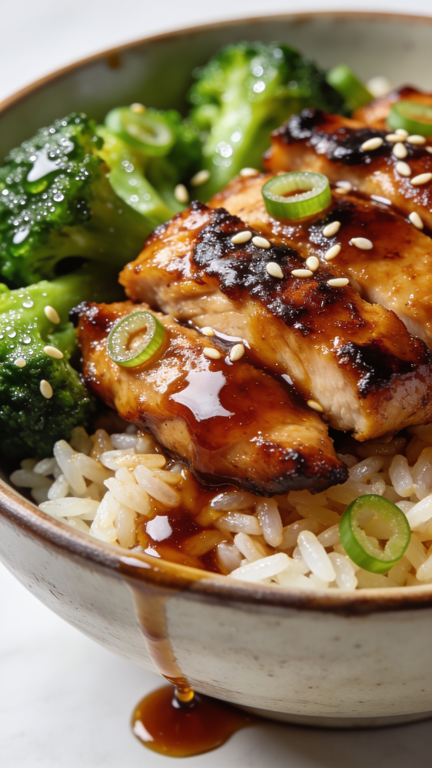 Macro side-angle close-up of the same finished bowl focusing on texture: caramelized edges of teriyaki chicken glistening with a thick lacquer, tiny sauce puddles clinging to plump jasmine rice grains, vivid green broccoli with visible dew-like moisture, and a few sesame seeds and scallion rings scattered across; a small drip of teriyaki pooling at the base for extra shine; bright natural lighting, shallow depth of field, tight composition with food taking 90–95% of frame, rich color and contrast matching the hero image.