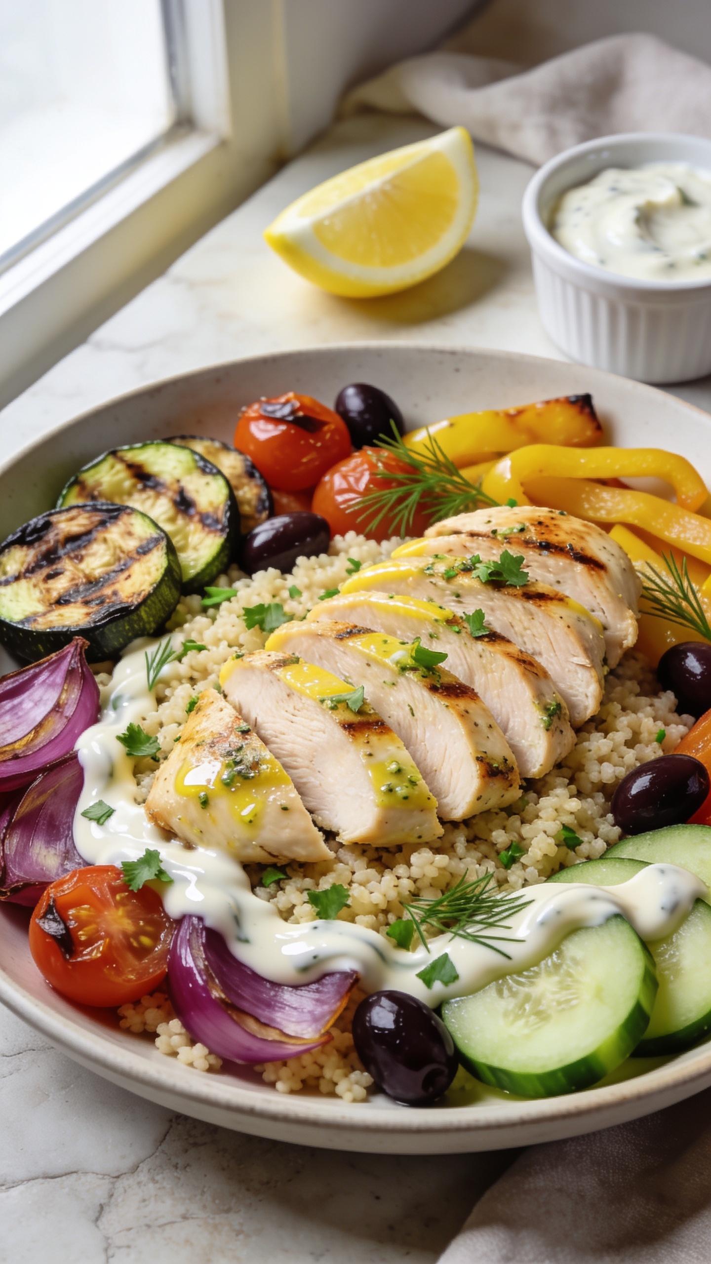 Ultra-close hero shot of High Protein Mediterranean Chicken Meal Prep: sliced, juicy lemon-garlic-herb grilled chicken breast fanned over fluffy herbed couscous, surrounded by roasted rainbow vegetables (charred zucchini coins, blistered cherry tomatoes, caramelized red onion wedges, and golden bell pepper strips), dotted with briny kalamata olives and crisp cucumber half-moons, finished with a glossy swirl of creamy yogurt-tahini sauce and a shower of chopped fresh parsley and dill; a fresh lemon wedge and a small ramekin of extra yogurt-tahini sauce tucked into the back edge of the frame; bright natural window light from the left, shallow depth of field, 90â95% food filling the frame, crisp textures, vibrant Mediterranean colors, premium food-blog styling on a light stone surface with a faint linen in background, no text.