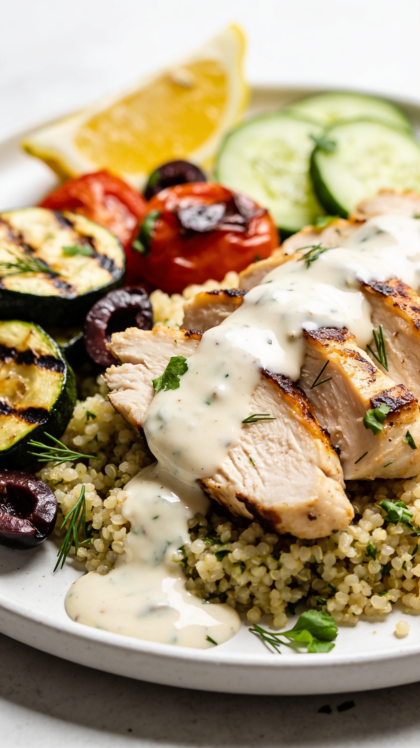 Intimate angled macro from the opposite side of the hero: focus on the glossy yogurt-tahini drizzle pooling and clinging to the seared edges of the sliced chicken over herbed couscous, with char-kissed zucchini coins and blistered tomatoes nestled beside, briny kalamata halves peeking through, crunchy cucumber half-moons adding snap, and flecks of dill and parsley scattered across; a squeeze-cut lemon wedge slightly out of focus in the background; bright natural side light, shallow depth of field, 90â95% food filling the frame, saturated yet natural tones, premium food-magazine styling, no text.