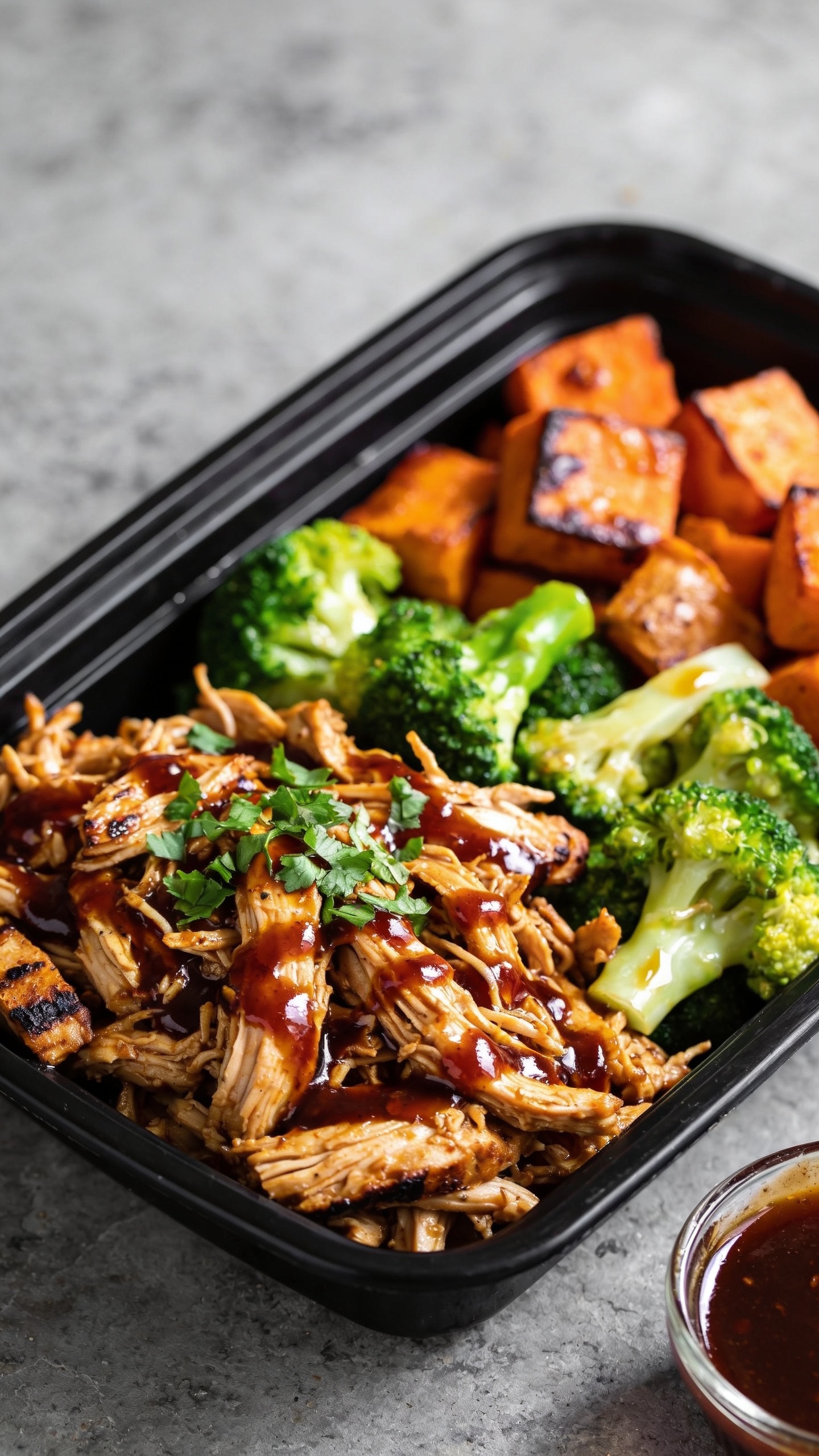Ultra-close hero shot of high protein BBQ chicken meal prep in a black rectangular meal-prep container: glossy shredded BBQ chicken piled in one half, brushed with a deep mahogany smoky-sweet glaze and light charred edges; the other half divided between roasted sweet potato cubes with caramelized edges and vibrant steamed broccoli florets with a light sheen, a sprinkle of chopped fresh parsley over chicken and broccoli, a small glass ramekin of extra BBQ sauce nestled in the corner; bright natural side lighting, shallow depth of field, minimal rustic slate backdrop blurred, food filling 90â95% of frame, rich textures and saturated, mouthwatering color.