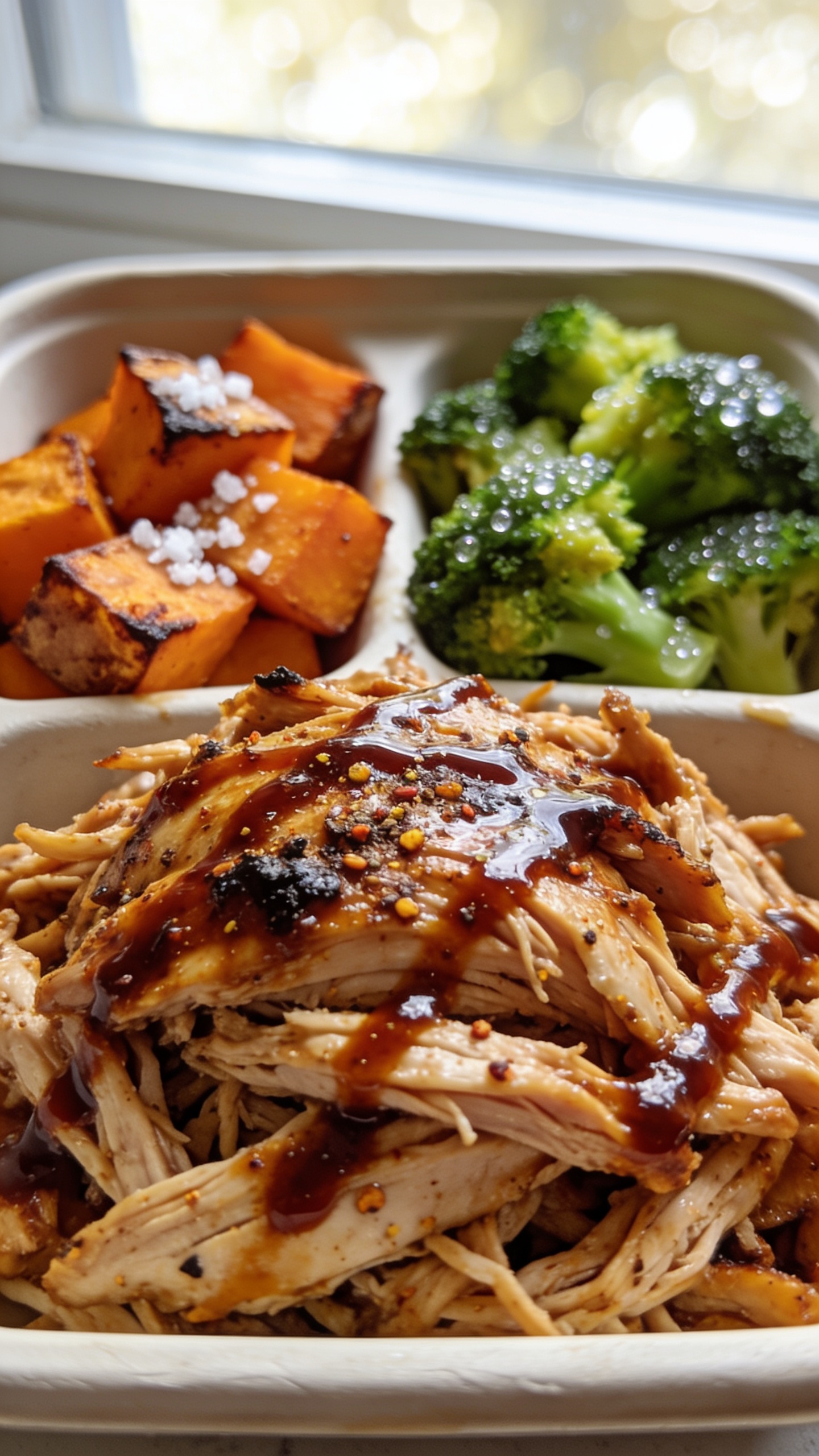 Macro close-up from a low angle focusing on the same plated meal-prep container: tight crop of the shredded BBQ chicken mound with lacquered glaze, tiny flecks of peppery spice rub and smoky char; adjacent section shows roasted sweet potato cubes with crisped corners and sea salt crystals, and tender broccoli florets with micro-beads of moisture; a light brushing of extra BBQ glaze streaked on the chicken surface for shine; bright natural window light, creamy bokeh background, food filling 90â95% of frame, crisp, vibrant, and irresistibly fresh.
