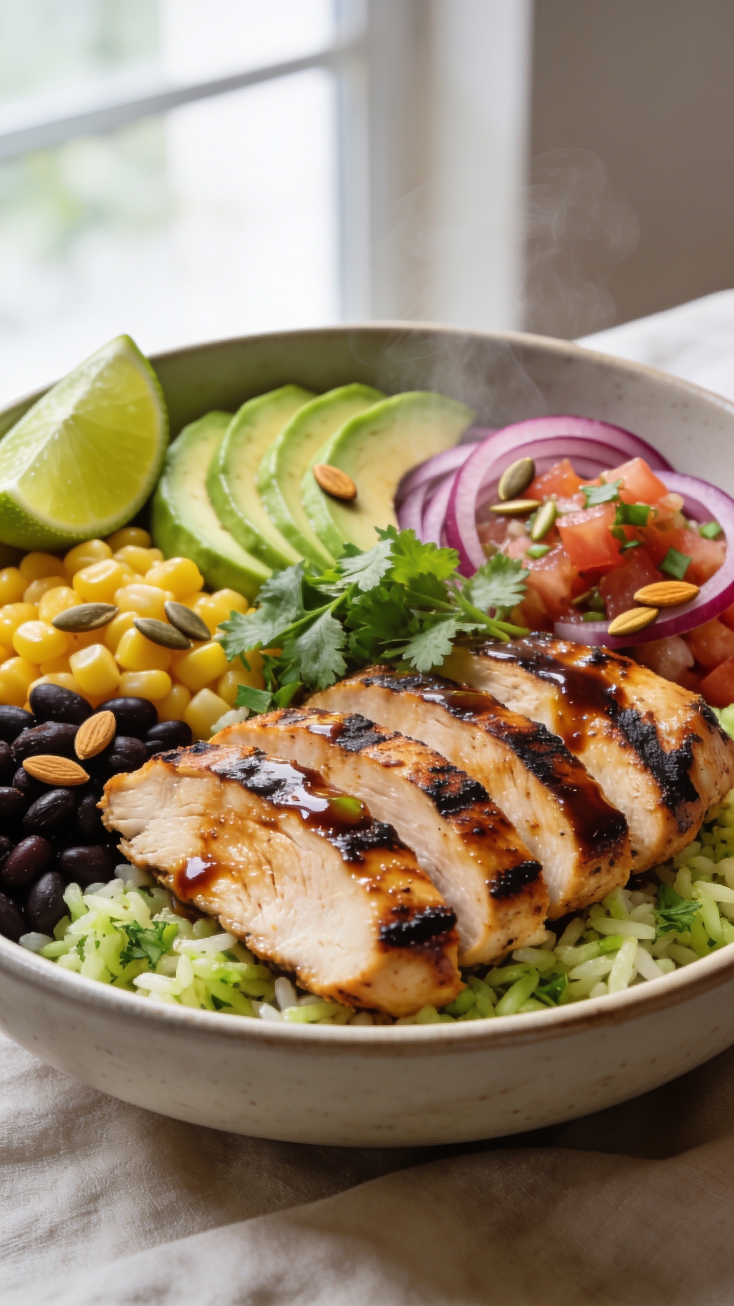 Extreme close-up hero shot of chipotle lime chicken meal prep bowl: juicy grilled chicken breast sliced into thick strips with dark char marks, glistening chipotle-lime glaze, nestled over fluffy cilantro-lime rice; sides of roasted corn and black bean medley, ripe avocado slices fanned, thinly sliced red onions, and vibrant pico de gallo; sprinkled with fresh chopped cilantro and a few toasted pumpkin seeds; lime wedges tucked at the edge; bright natural window light, shallow depth of field with the front chicken slice in razor focus, background softly blurred; 90â95% frame filled with food, rich warm tones, glossy sauce sheen, steam subtly visible, premium food-blog styling on a neutral matte ceramic bowl and light linen.