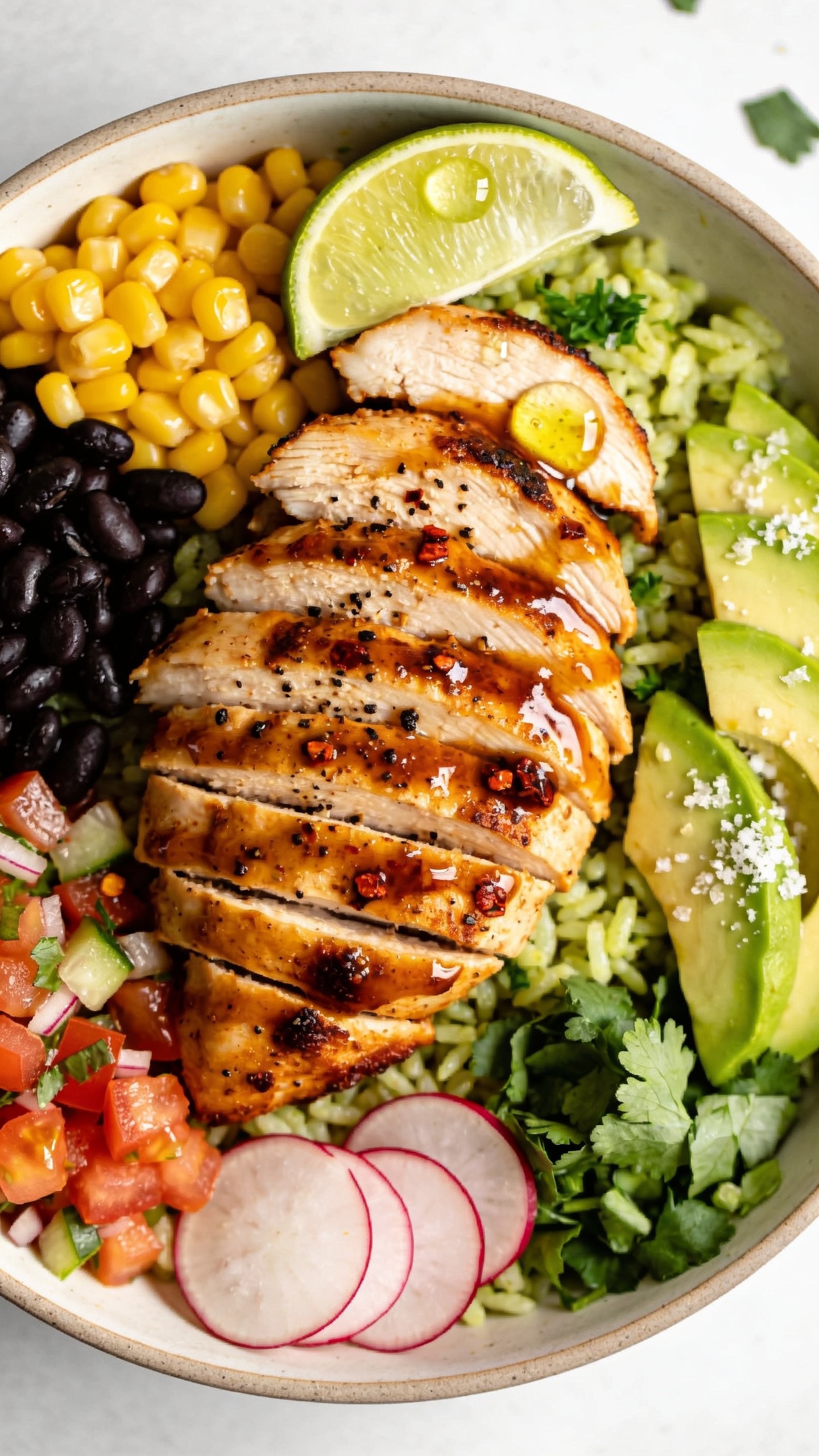 Ultra-close overhead-angled detail shot of the same finished bowl: sliced chipotle lime chicken fanned over cilantro-lime rice, glossy glaze pooled lightly along the slices, coarse black pepper and red chipotle flecks visible; roasted corn-black bean mix tucked to one side, avocado slices with flaky sea salt crystals, bright pico de gallo, thin radish half-moons for crunch, and a final shower of chopped cilantro frozen mid-fall; lime wedge with fresh juice beads visible on the cut surface; bright natural light, shallow depth of field highlighting the chickenâs juicy texture and crispy edges, 90â95% of frame filled with food, clean neutral backdrop to keep focus on vibrant colors and rich textures.