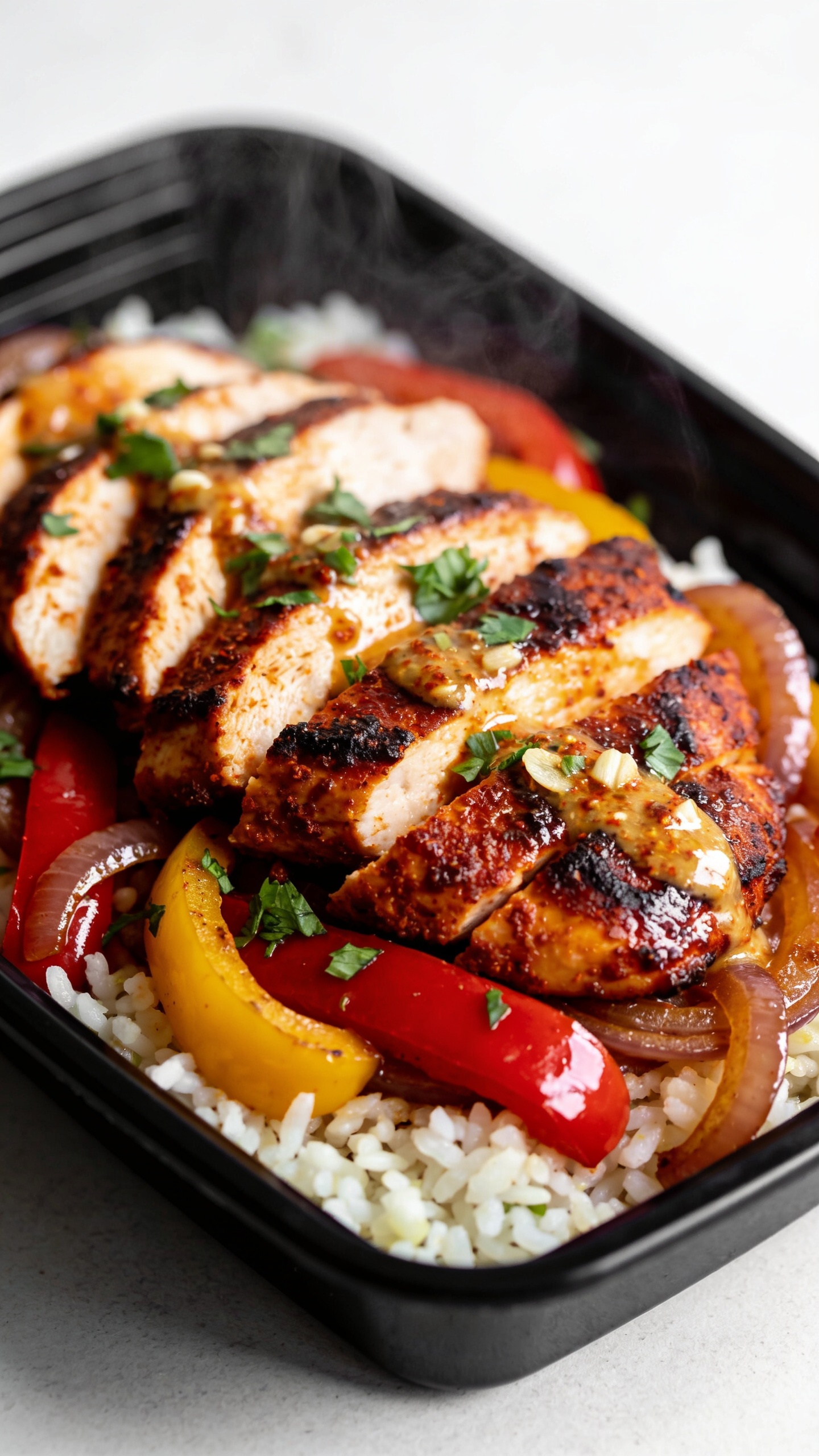 Ultra-close hero shot of high-protein Cajun chicken meal prep: juicy sliced Cajun-spiced chicken breast with deep charred edges and glossy sheen, nestled over fluffy white rice (or cauliflower rice) with roasted red and yellow bell peppers and caramelized onions, all lightly glistening with a brushed garlic-cajun butter; vibrant chopped fresh parsley scattered on top; served in a modern black meal-prep container set on a neutral light surface; bright natural side lighting, shallow depth of field, food filling 90–95% of frame, crisp textures, saturated warm reds and paprika tones, steam faintly rising to suggest fresh heat, premium food-blog styling, consistent plating across the series.
