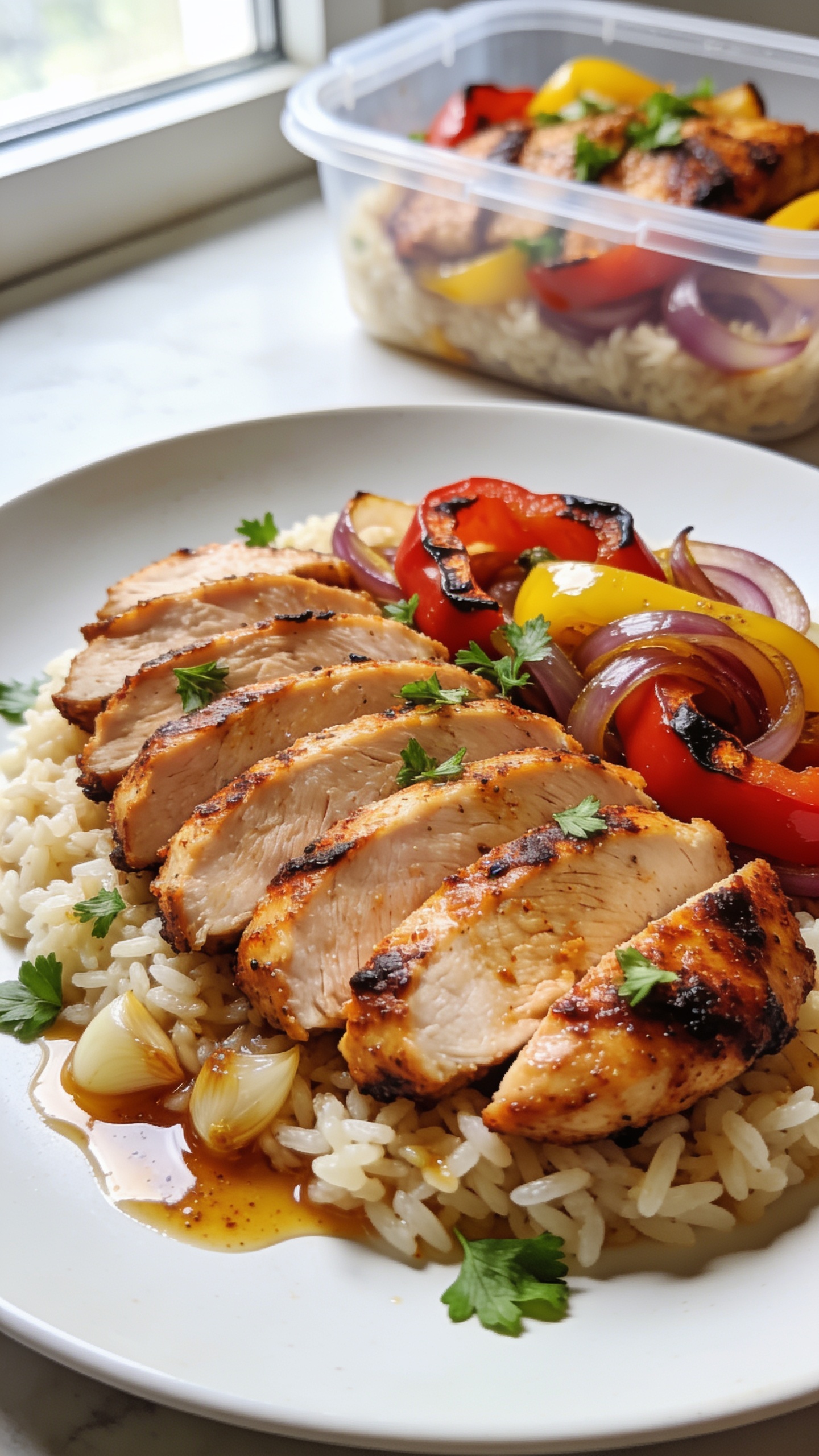 Macro close-up from a low 3/4 angle of the same finished dish in the meal-prep container: fan of sliced Cajun chicken breast arranged over the rice with visible juicy interior and crisp, smoky crust; roasted red/yellow peppers and caramelized onions tucked alongside, edges slightly blistered; a glossy drizzle of garlic-cajun pan juices pooling lightly on the rice; fresh parsley sprinkled for pop; bright natural window light, shallow depth of field, tight composition filling 90–95% of frame, rich warm tones and clean highlights, premium food-blog styling consistent with the hero image.