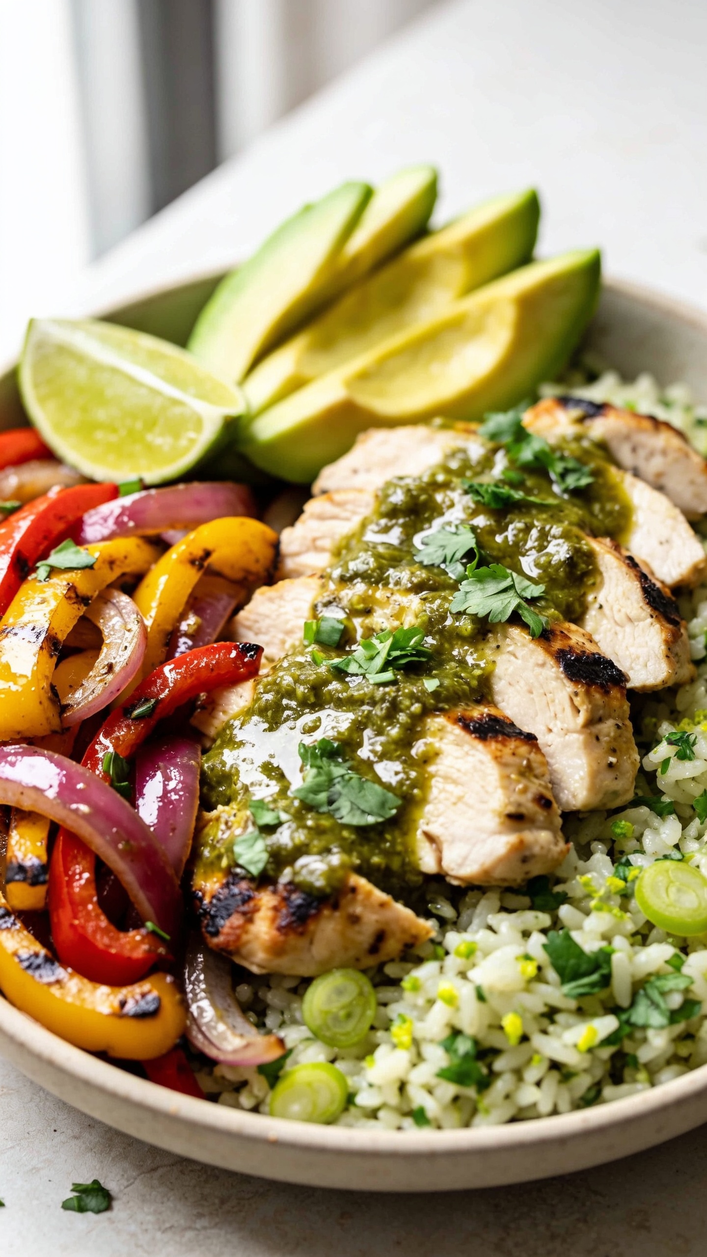 Ultra close-up hero shot of high-protein salsa verde chicken meal prep plated in a shallow white bowl: juicy sliced chicken breasts smothered in glossy salsa verde with charred edges, nestled beside fluffy cilantro-lime rice (or cauliflower rice) speckled with fresh cilantro and lime zest, and a colorful pile of roasted fajita veggies (charred red and yellow bell peppers, red onion strips) glistening with a light sheen. A few avocado slices fan alongside, a lime wedge tucked at the rim, and a sprinkle of chopped cilantro over everything. Bright natural window light from the left, shallow depth of field, food filling 90–95% of the frame, vibrant greens and reds, moist chicken texture and glossy sauce emphasized, clean neutral background, premium food-blog styling, no text.