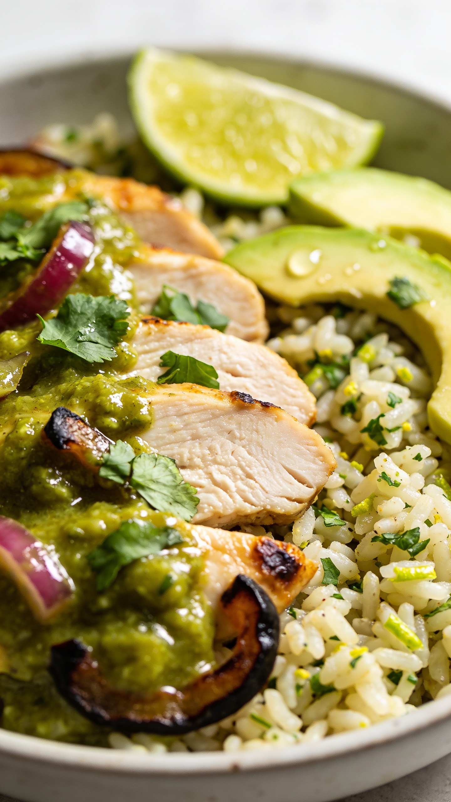 Extreme close-up from a slightly top-down 3/4 angle of the same plated meal: focus on the saucy chicken slices pooled in vibrant green salsa verde with a glossy sheen, charred pepper and red onion edges crisp and caramelized, fluffy cilantro-lime rice grains distinct with flecks of cilantro and lime zest. A few avocado slices with visible texture and a squeeze of lime juice beading on the surface, fresh chopped cilantro scattered over the chicken. Bright natural lighting, shallow depth of field with the front chicken slice razor sharp, background softly blurred, food filling 90–95% of the frame, cohesive with images 1 and 2, no text.
