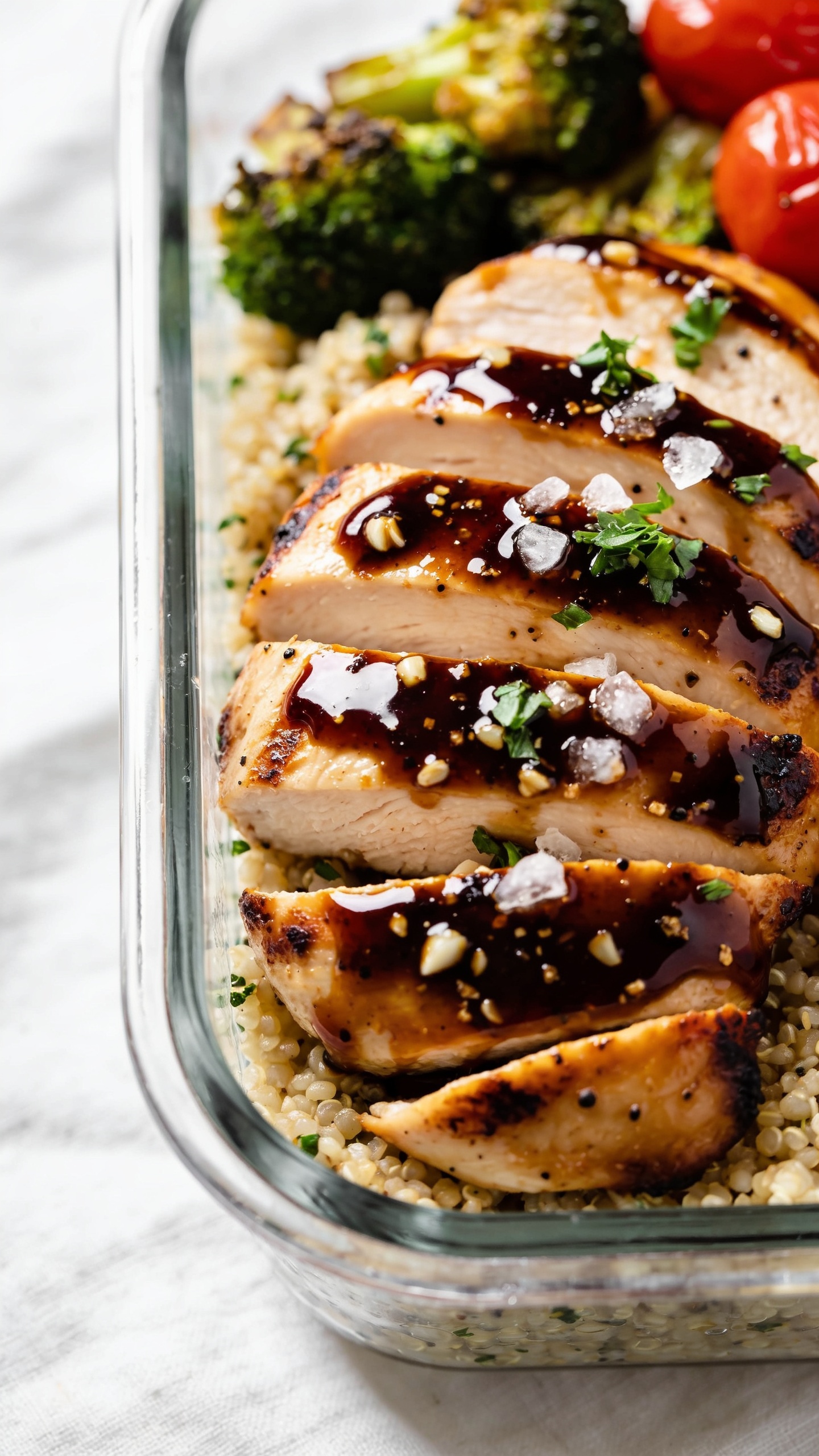 Ultra-close hero shot of high-protein balsamic chicken meal prep: sliced, juicy balsamic-glazed chicken breasts arranged in a neat fan over fluffy garlic-herb quinoa with a side of roasted broccoli and cherry tomatoes, all in a modern glass meal-prep container. Chicken is lacquered with a thick, glossy, dark balsamic reduction with micro-bead reflections, lightly charred edges, and a few visible flecks of minced garlic and crushed black pepper. Garnish with a sprinkle of chopped fresh parsley and a few large sea salt flakes. Bright natural window light from the left, soft shadows, shallow depth of field, crisp focus on the gleaming glaze and moisture on the chicken, background blurred with a clean, light linen. Food fills 90â95% of frame, premium food-blog styling, no text.