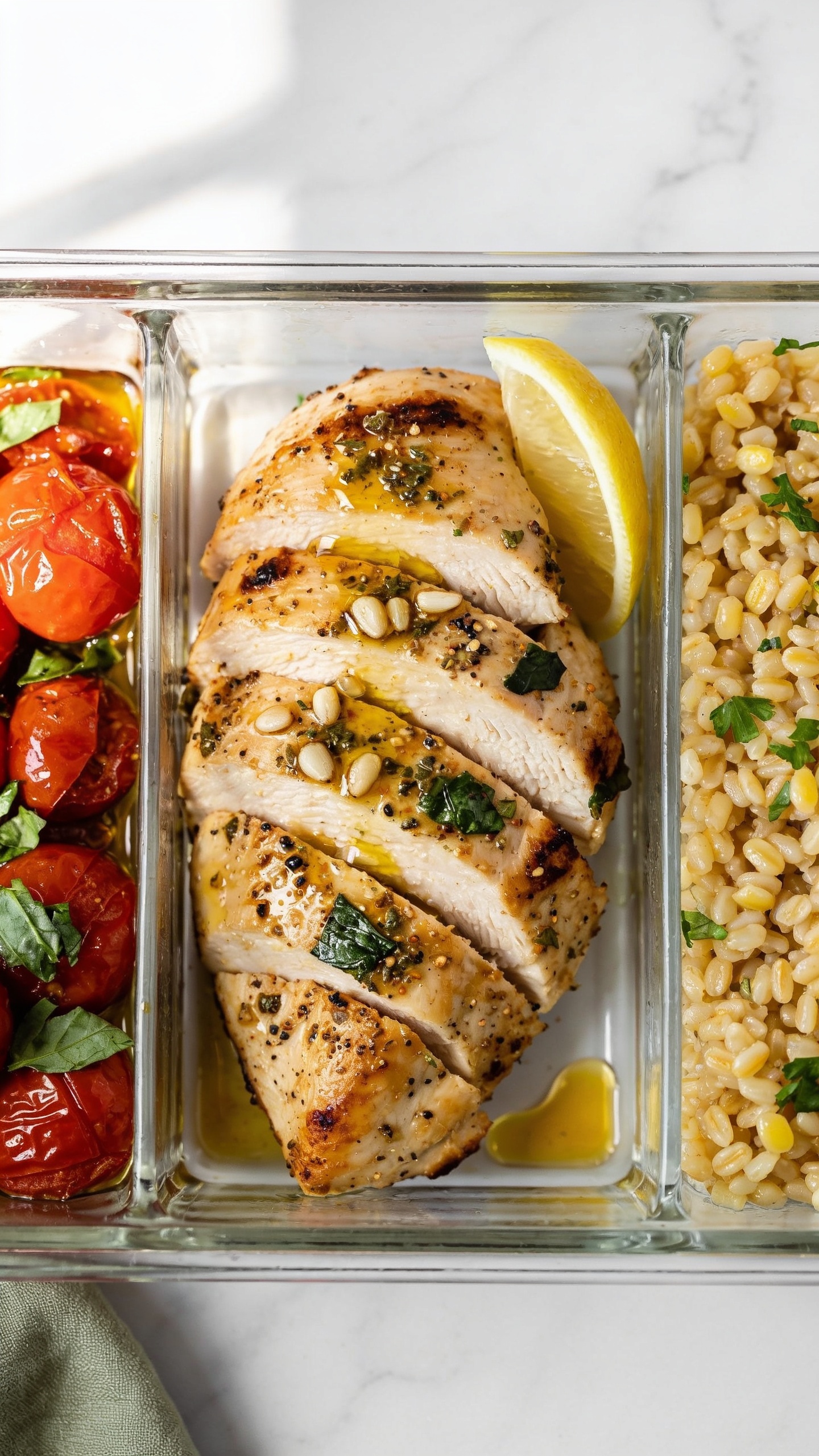 Hero image of the finished High Protein Italian Chicken Meal Prep: ultra-close, 3-compartment glass meal-prep container filled 90–95% of frame. Center compartment: thick-sliced roasted Italian herb chicken breast glistening with olive oil, juicy interior visible on a bias cut, lightly charred edges, speckled with garlic, oregano, basil, and cracked black pepper, finished with a glossy squeeze of lemon. Left compartment: roasted cherry tomatoes blistered and glossy with olive oil, scattered with torn basil. Right compartment: al dente garlic-lemon farro (or brown rice) with a light sheen, sprinkled with chopped parsley. A thin lemon wedge tucked near the chicken; tiny drizzle of golden pan juices pooling at the bottom. Bright natural window light from the left, shallow depth of field, clean white marble surface, muted sage linen barely peeking at the edge. No text, no hands, no people. Same finished recipe styling across images.
