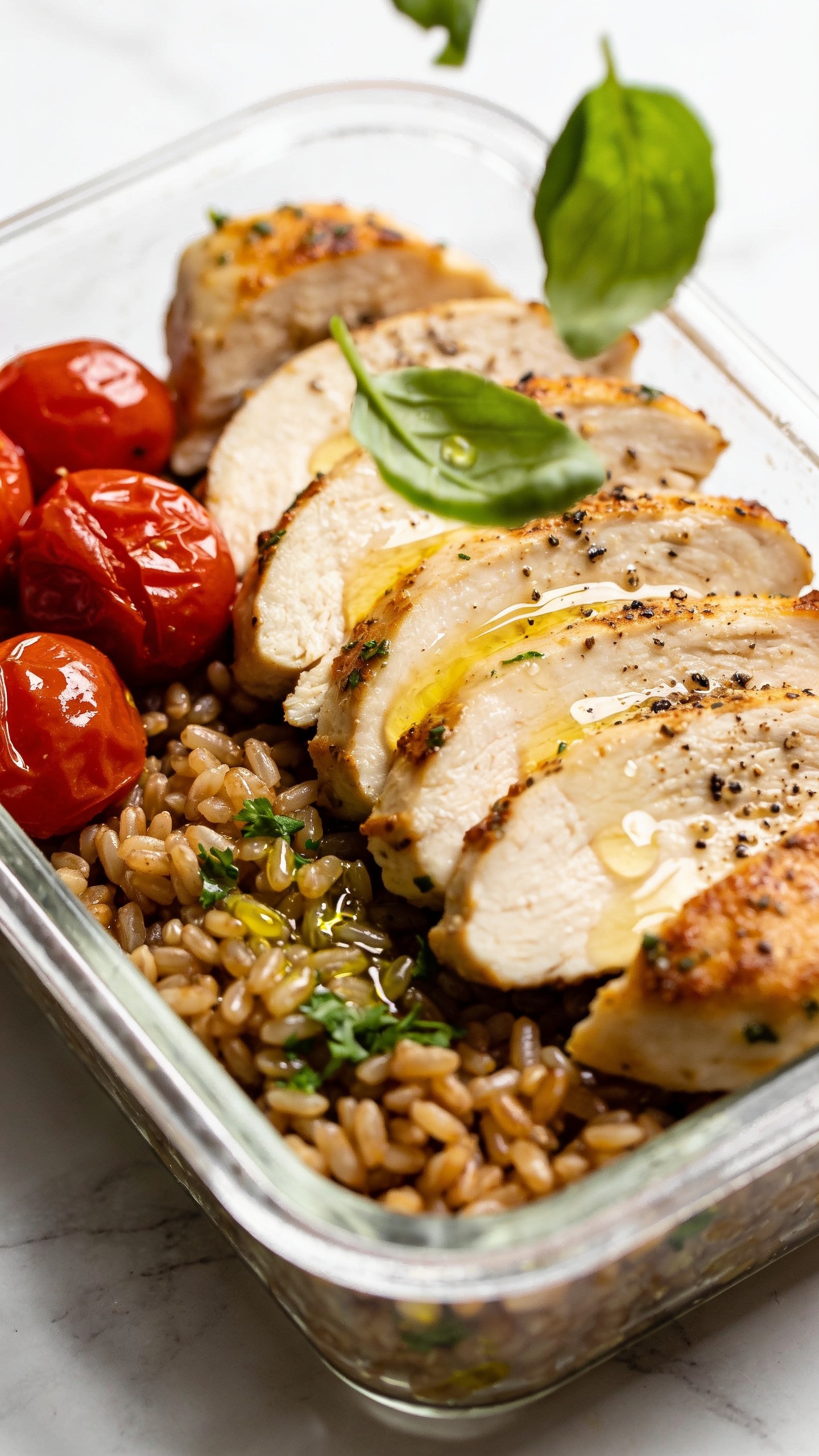 Textural close-up from a different angle: tight diagonal composition of the same meal-prep container, focusing on the sliced roasted chicken fanned over a light gloss of pan juices, crispy herb-flecked edges, and a squeeze of lemon creating tiny glistening droplets. Roasted cherry tomatoes nestled alongside, their skins wrinkled and glossy; farro (or brown rice) grains distinct and lightly coated with olive oil, parsley sprinkled. A final dusting of freshly cracked pepper and a few torn basil leaves falling mid-air, frozen in motion above the chicken. Bright natural light, shallow depth of field, white marble background, premium food-blog styling. No text, no hands, food fills 90–95% of the frame.