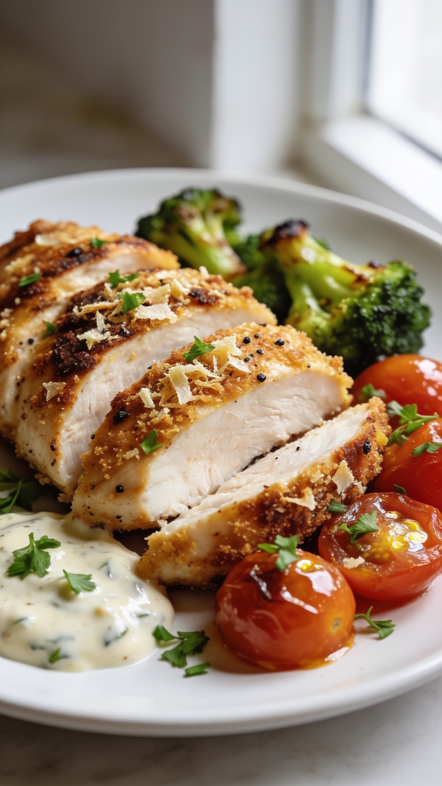Ultra-close hero shot of the finished High Protein Garlic Parmesan Chicken meal prep: golden, oven-roasted chicken breasts sliced to reveal juicy, tender white meat, coated in a crisp, deeply browned garlic-parmesan crust with visible grated parmesan frico bits and flecks of black pepper; nestled alongside vibrant roasted broccoli florets and blistered cherry tomatoes with a light sheen, plus a small side of glossy garlic-parmesan yogurt sauce pooled on the plate; micro-chopped parsley sprinkled over everything for a fresh pop; bright natural window light from the side, shallow depth of field, clean white ceramic plate, minimal neutral background blur, food filling 90â95% of the frame, premium food-blog styling with rich textures and a lightly glistening finish.