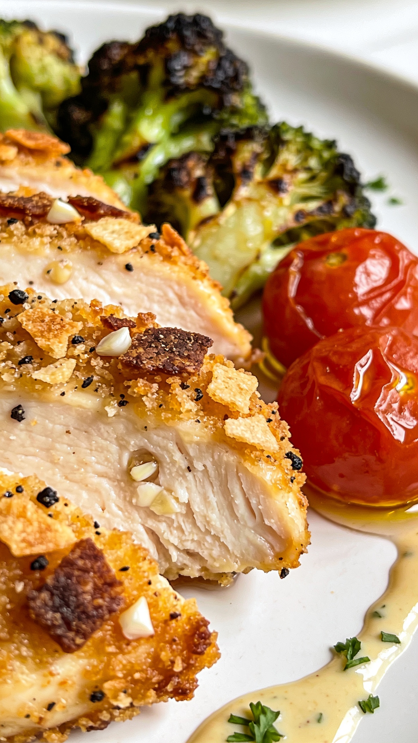 Extreme close-up angle on texture: focus on the edge of the sliced garlic-parmesan chicken breast showing the crunchy, golden crust with browned parmesan crisps, coarse black pepper, and tiny garlic flecks, transitioning into ultra-juicy interior; adjacent in soft blur are charred-tipped roasted broccoli and glossy, wrinkled cherry tomatoes with a light olive-oil sheen; a faint drizzle trail of the creamy garlic-parmesan sauce on the plate with micro parsley scattered; bright natural side lighting, shallow depth of field, 90â95% food in frame, cohesive with the hero shot styling.