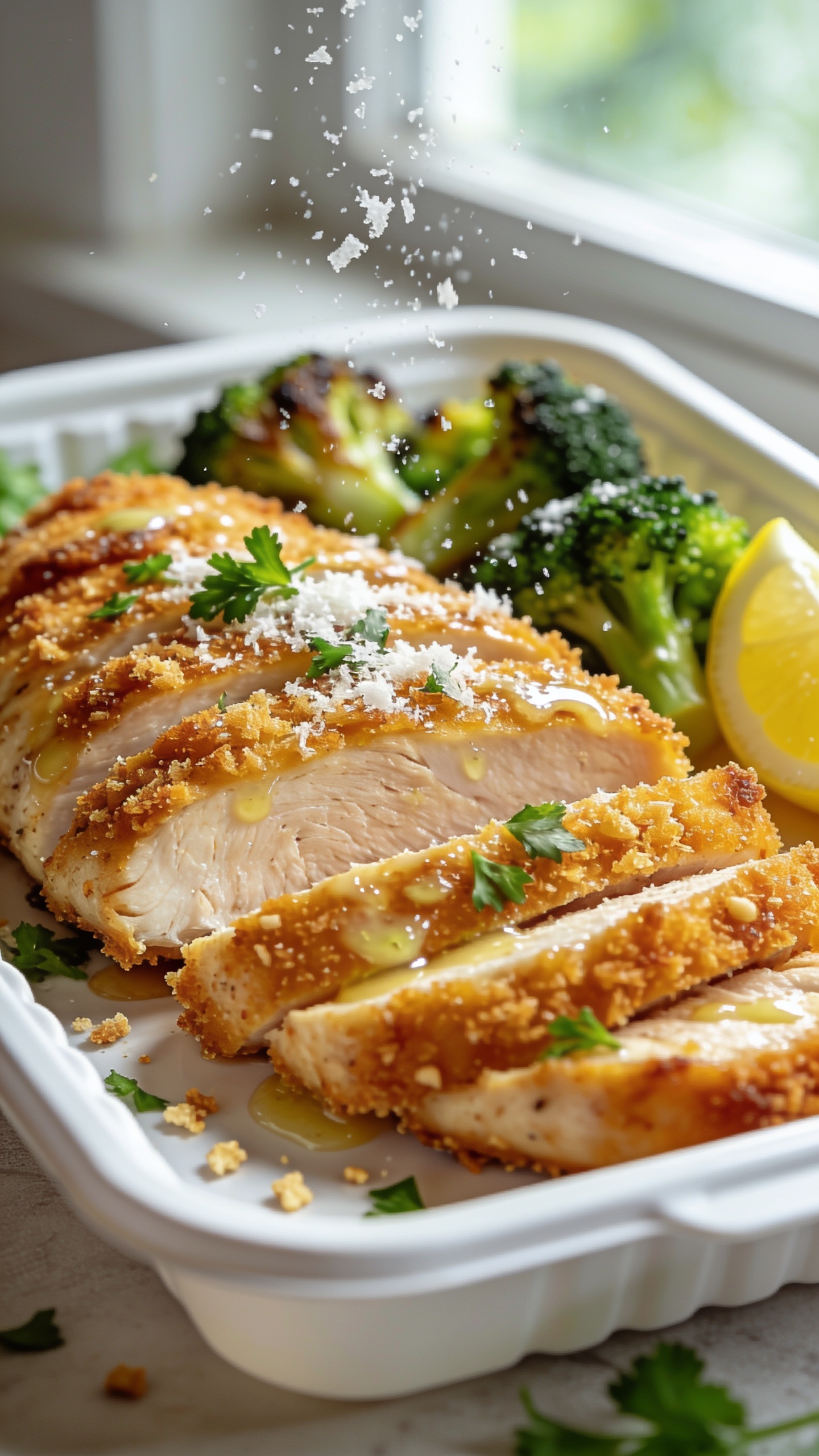 Extreme close-up hero shot of high protein Parmesan-crusted chicken breast sliced and fanned on a white meal-prep container, golden-brown, ultra-crispy Parmesan-panko crust glistening with a light garlic butter sheen, juicy tender interior visible on the cut edges, served with roasted broccoli florets and lemon wedges, scattered fresh parsley and a fine snowfall of freshly grated Parmesan on top, tiny crunchy crumbs on the plate, bright natural window lighting from the side, shallow depth of field with the front slice in razor focus and a creamy bokeh falloff, vibrant greens and warm golden tones, premium food-blog styling, no text, no hands, food filling 90â95% of frame.