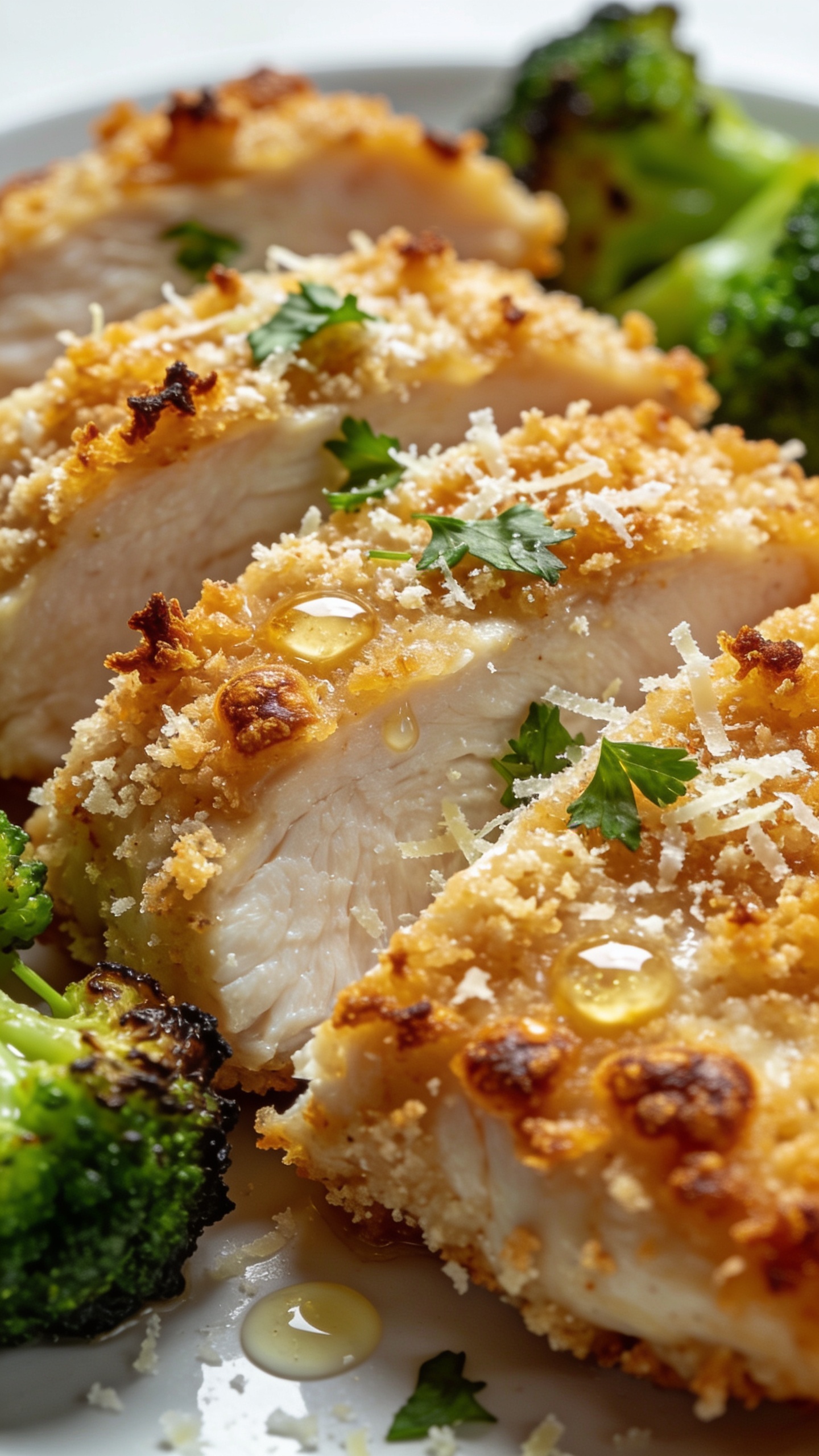Macro close-up angled from the crust side of the same plated meal-prep chicken: focus on the rugged, deeply textured Parmesan-panko crust with blistered golden edges and tiny browned cheese frills, sliced pieces slightly overlapped to reveal moist, white, juicy interior; delicate parsley leaves and a light dusting of micro-grated Parmesan scattered across, a few glossy garlic-butter droplets beading on the crust, vibrant roasted broccoli edging the frame, bright natural lighting, shallow depth of field, rich color contrast, clean minimal background, food filling 90â95% of frame.