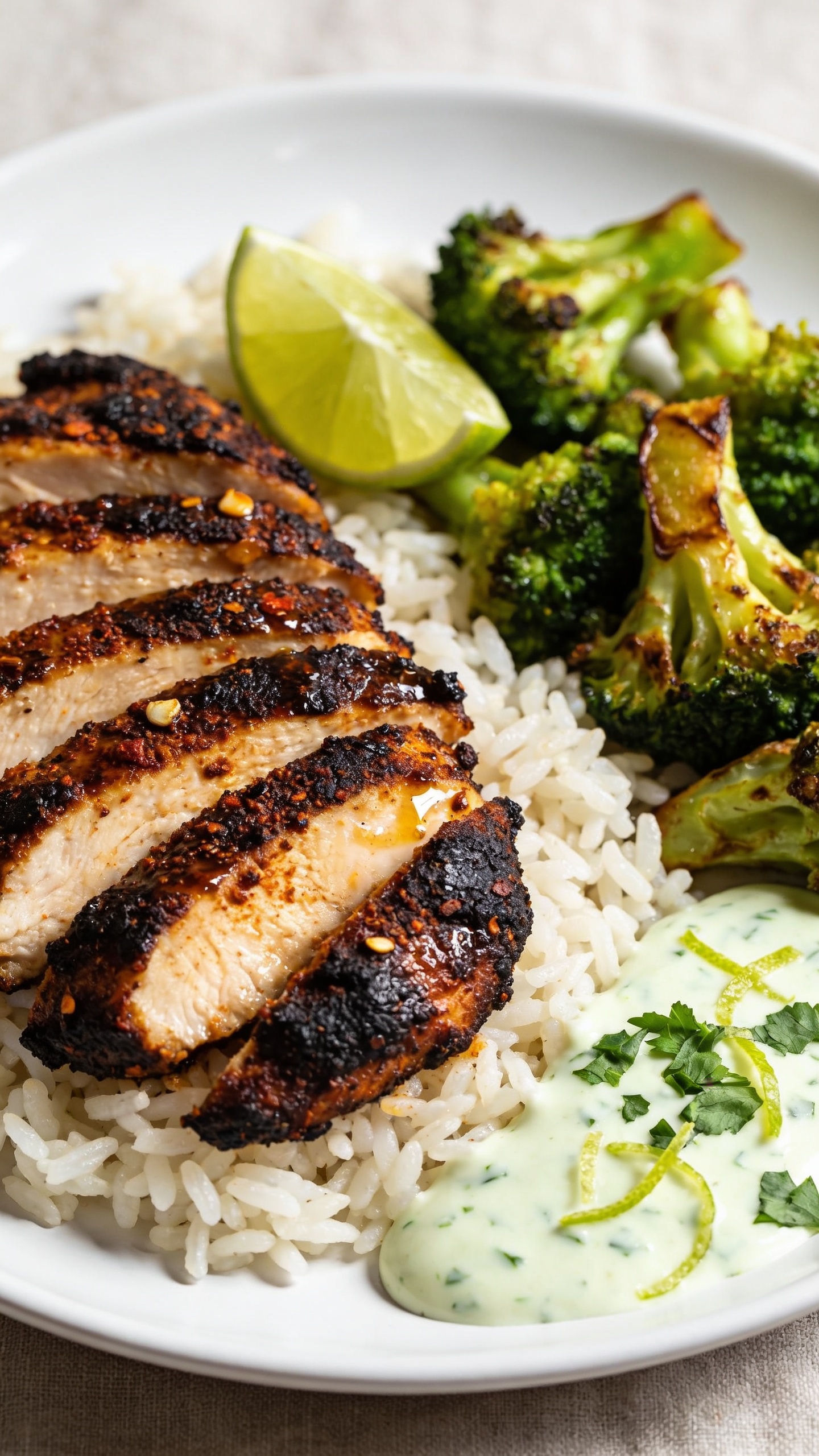 Extreme close-up hero shot of high-protein blackened chicken meal prep: thick slices of blackened chicken breast with a deep charred-crust spice rub (smoked paprika, cayenne, garlic), glistening with a light sheen, fanned over fluffy jasmine rice with a squeeze of fresh lime, roasted broccoli florets with crisp caramelized edges, and a small side drizzle of creamy cilantro-lime yogurt sauce pooling against the rice. Garnish with finely chopped cilantro and paper-thin lime zest. Bright natural window light from the side, shallow depth of field, 90â95% frame filled with food, rich color contrast (mahogany crust, vibrant green broccoli, bright white rice), premium food-blog styling on a matte white plate with a neutral linen background for cohesion.