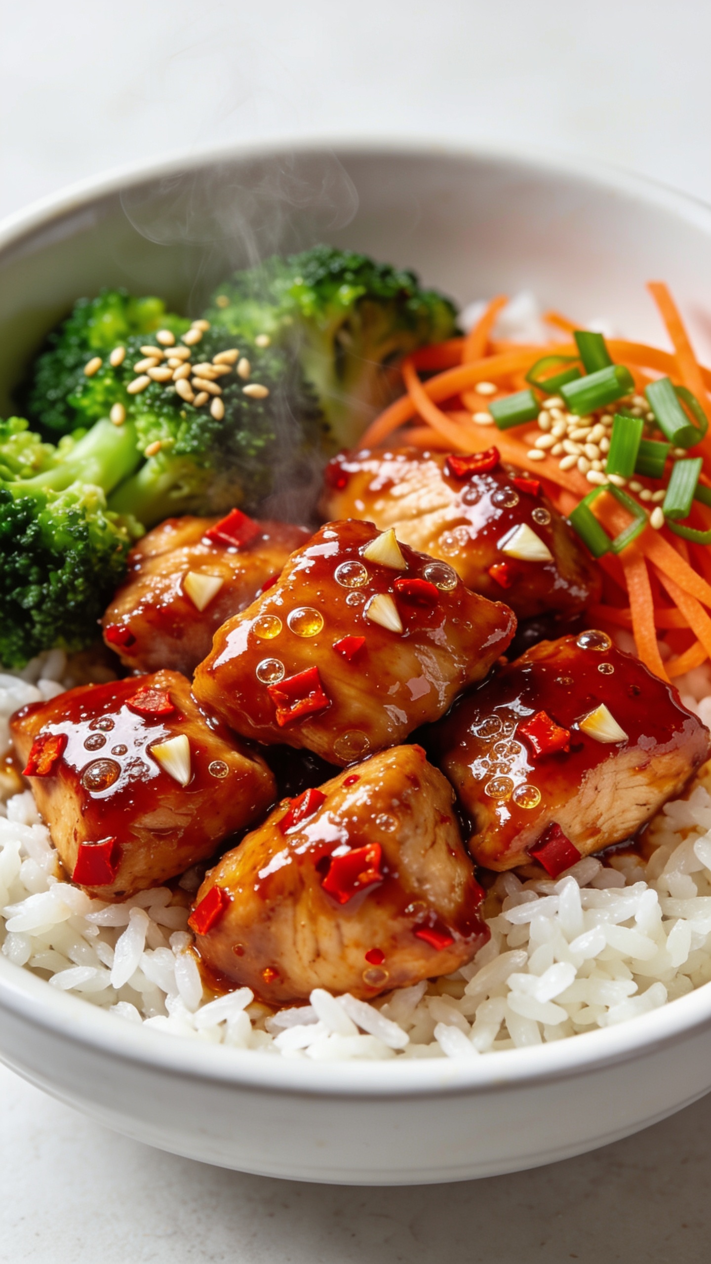 Ultra close-up hero shot of High Protein Sweet Chili Chicken meal prep: glossy bite-size chicken breast pieces lacquered in sticky sweet chili glaze with visible red chili flecks, minced garlic sheen, and micro-bubbles of caramelization, nestled over fluffy white jasmine rice in a shallow white meal-prep bowl with crisp-tender steamed broccoli and thin carrot ribbons on the side. Garnished with finely sliced green onions and a light sprinkle of toasted sesame seeds. Bright natural side lighting, shallow depth of field focusing on the glistening chicken, slight steam rising, vibrant reds, greens, and whites, clean neutral background, 90–95% of frame filled with food, premium food-blog styling.