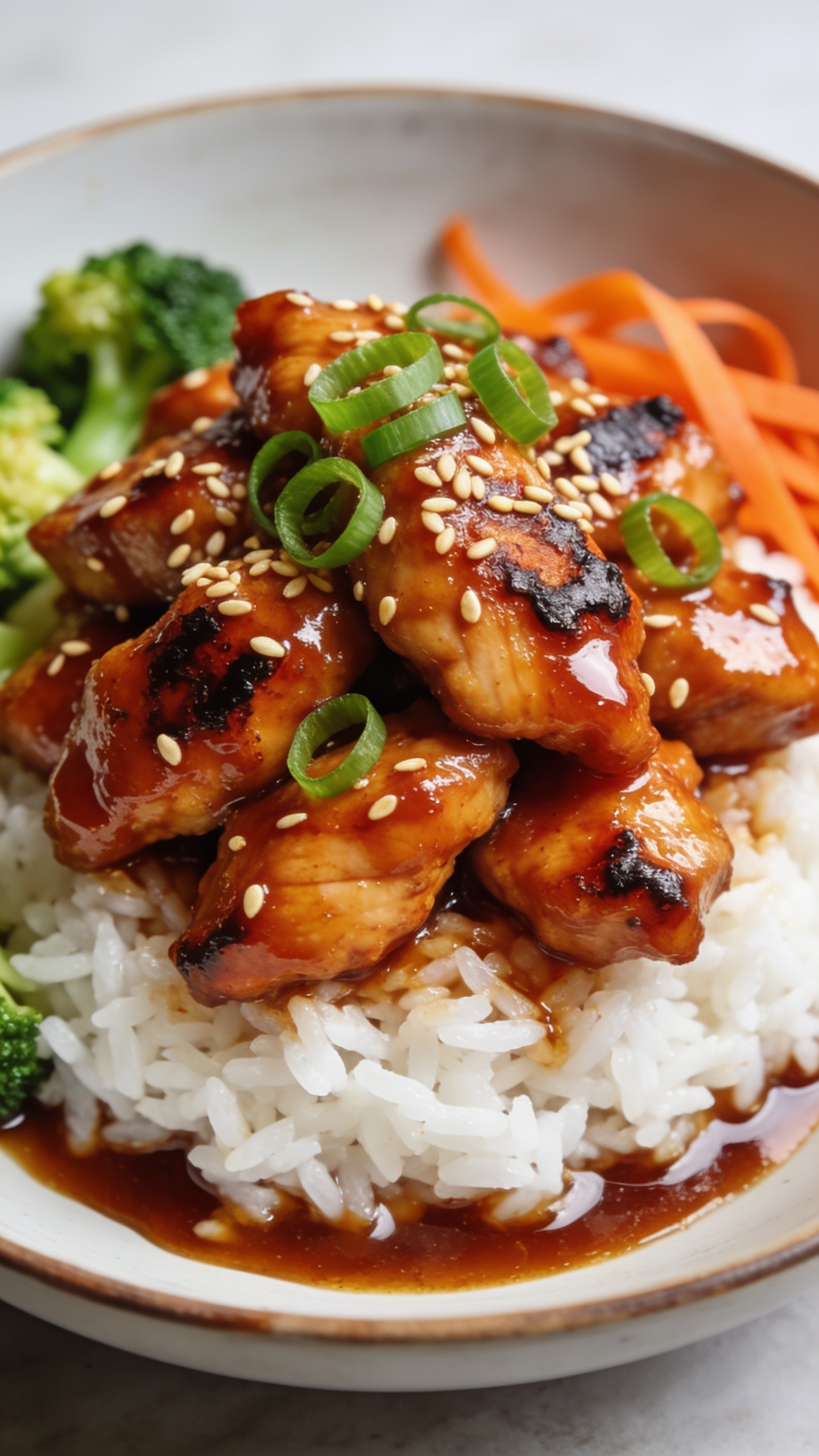 Tight macro angle from 45 degrees: the same plated meal-prep bowl with a heaped glossy pile of sweet chili chicken over white rice, sauce pooling slightly at the base, tiny charred caramelized edges on the chicken, sprinkled with toasted sesame seeds and fresh green onion curls. Broccoli and carrot ribbons peek in at the edges for color contrast. Bright natural lighting highlighting the glaze, shallow depth of field isolating the front chicken pieces, vibrant colors, food filling 90–95% of the frame, cohesive with the other images.